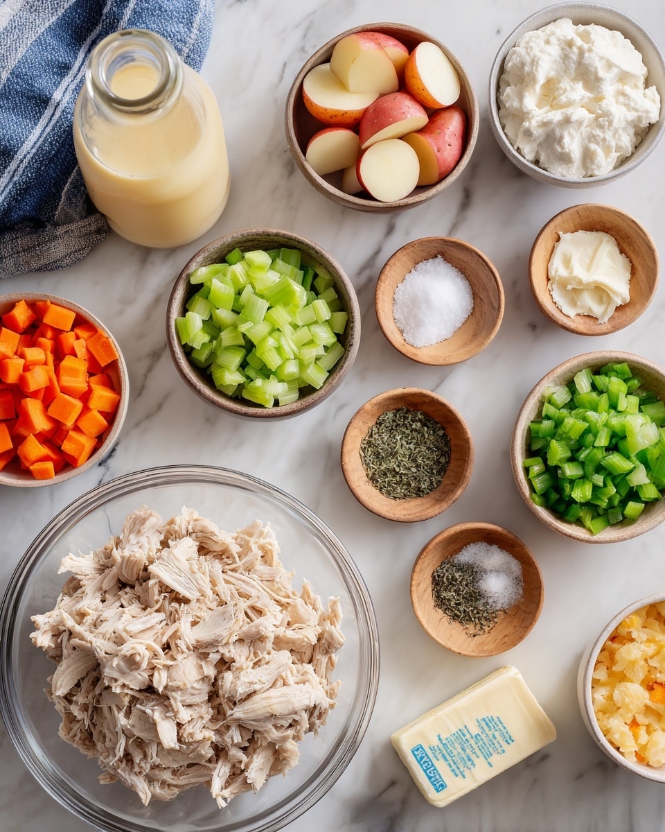 A clean, white marbled surface holds multiple small clear glass bowls arranged neatly with different cooking ingredients. In the center bottom, there is a clear bowl filled with shredded light brown cooked chicken. Surrounding this are bowls with various items: sliced red potatoes with pale yellow centers on the left, bright green chopped bell peppers and celery on the right, and small bowls with white flour, diced orange carrots, melted yellow butter, and white liquid milk towards the top. Four small wooden bowls near the center contain different dried green herbs and black pepper. A stick of butter with blue markings lies on the right side, and a small wooden bowl with white salt is centrally placed between the glass containers. A glass bottle filled with light yellow broth is on the left, and a blue and white striped cloth is casually placed at the top of the image. The scene looks clean and bright, with everything arranged methodically. Photo taken with an iphone --ar 4:5 --v 7