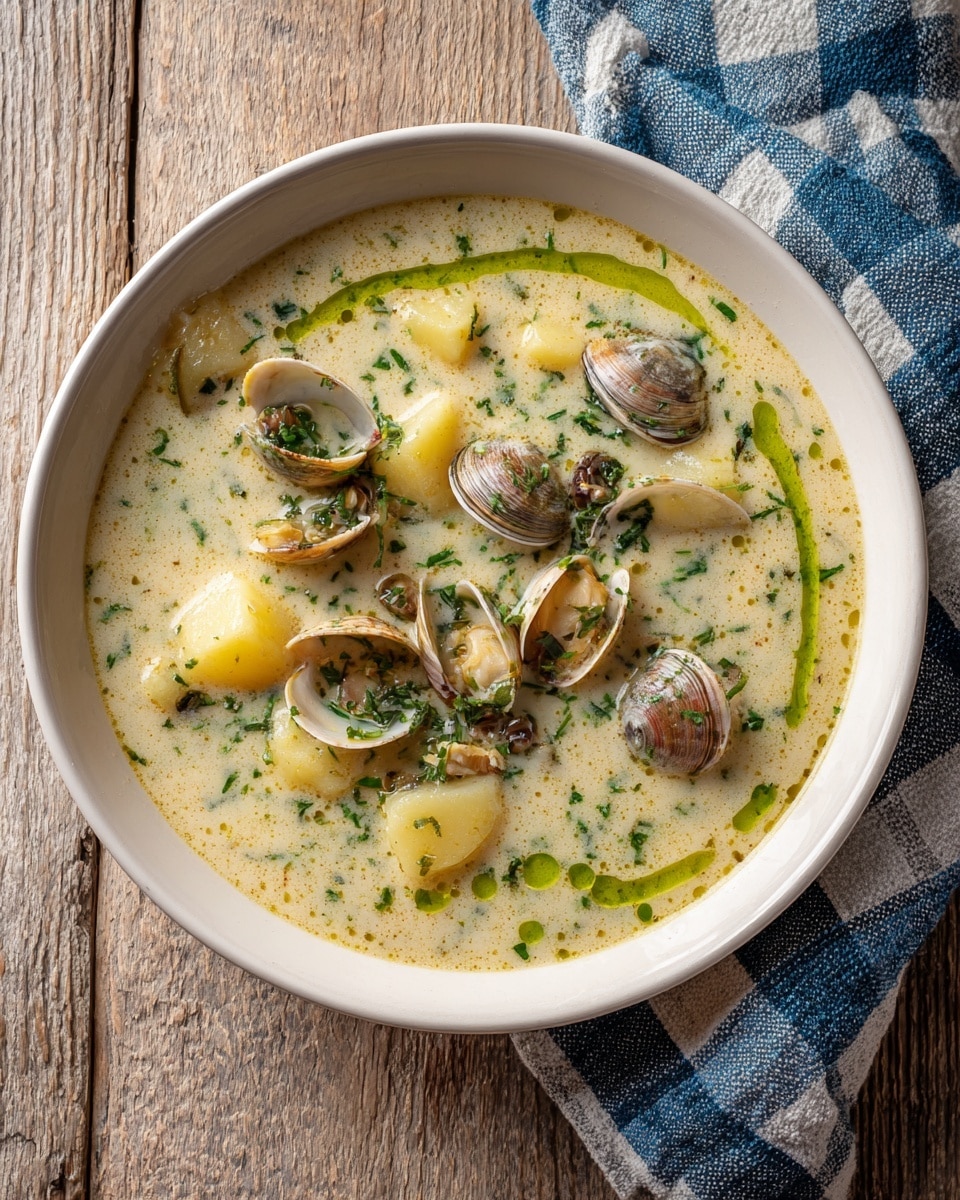 A white bowl holds a creamy light beige soup filled with small chunks of pale yellow potato and clam shells with a natural beige and brown shell. The soup is garnished with finely chopped green herbs scattered throughout and a ring of bright green oil swirled around the edge inside the bowl. The bowl sits on a wooden table and next to it is a blue and white checked cloth. Photo taken with an iphone --ar 4:5 --v 7