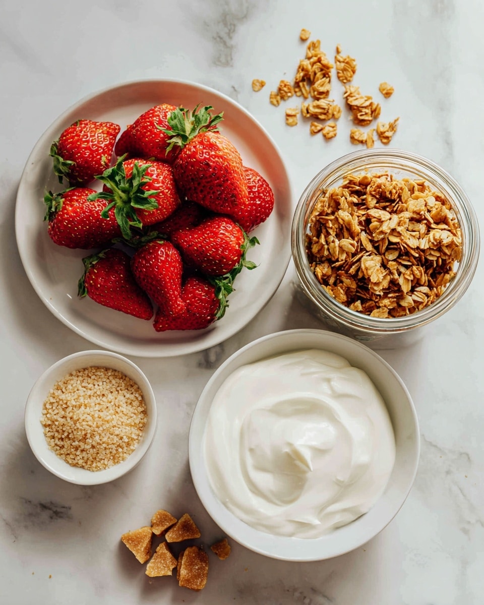 This image shows four containers arranged on a white marbled surface. In the center left, a white round plate holds a pile of fresh strawberries with bright red skin and green leafy tops. To the right of the strawberries, there is a clear glass jar filled with golden brown granola that has a crunchy texture with oats and clusters. At the bottom right, a white bowl contains smooth white yogurt with soft swirls. On the top left, a small white bowl has coarse light brown sugar crystals. A few granola pieces are scattered near the jar, adding a casual touch. Photo taken with an iphone --ar 4:5 --v 7