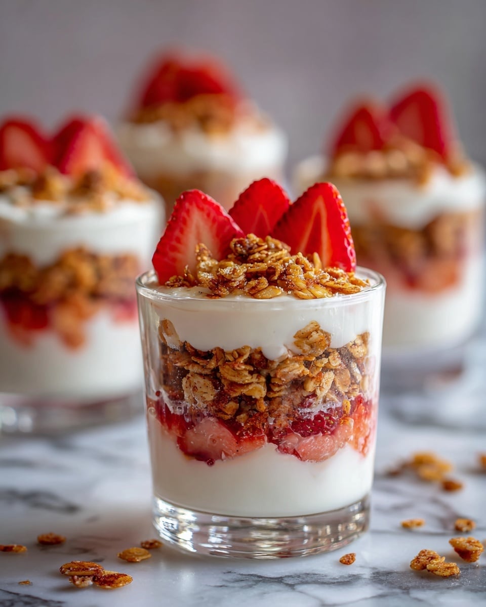A clear glass cup holds a layered dessert with four visible layers: the bottom layer is smooth white cream, above it is a layer of red strawberry pieces, then a layer of golden brown granola with a crunchy texture, and on top is another layer of white cream. The dessert is finished with three fresh red strawberry halves placed upright on the top center, and some scattered granola pieces around the glass on a white marbled surface. In the background, there are out-of-focus similar desserts. Photo taken with an iphone --ar 4:5 --v 7