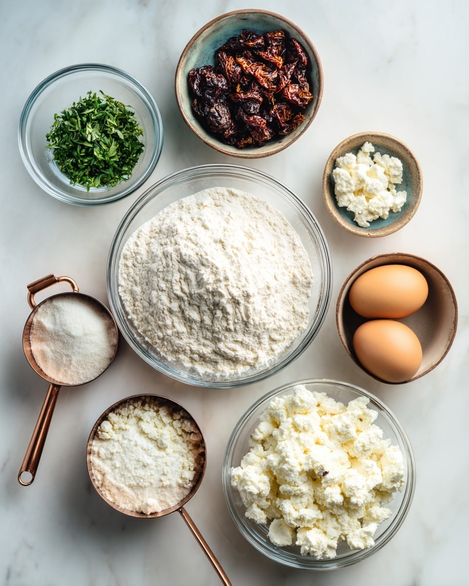 This image shows seven clear glass bowls and two metal measuring cups arranged on a white marbled surface. In the center, there is a large bowl filled with a mound of white flour. To the right of the flour, a smaller bowl holds two brown eggs. Above the eggs, a bowl is filled with dark brown dried pieces, possibly sun-dried tomatoes. To the top left of the flour, a bowl contains chopped green herbs. Below the herbs, a copper measuring cup holds a crumbled white cheese. At the bottom left, a small bowl contains a white powder, likely baking powder. Finally, on the bottom right, a copper measuring cup is filled with cottage cheese that shows its lumpy texture. The bowls and cups are neatly spaced out, and the whole setup is bright and clear, with natural light highlighting the different colors and textures photo taken with an iphone --ar 4:5 --v 7