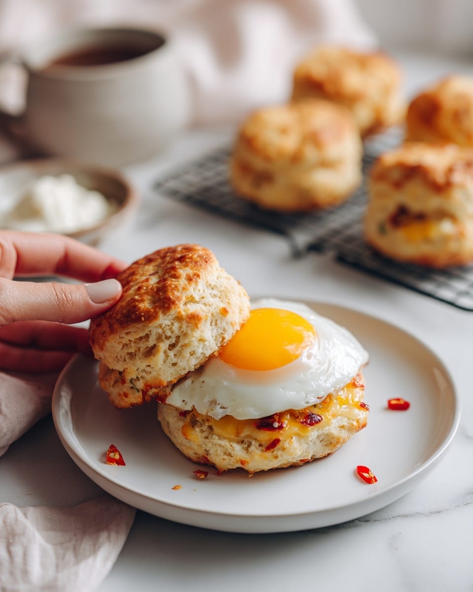 The image shows a white plate on a white marbled surface, holding a breakfast sandwich made of two layers of a golden brown biscuit with a rough, crumbly texture. Between the biscuit halves is a sunny-side-up egg with a shiny, bright yellow yolk and cooked white edges. In the background, some more golden biscuits with cheese and bits of red pepper rest on a wire rack. A small bowl with a white creamy dip is partially visible, and a woman's hand is holding the sandwich from the side. The overall look is warm and inviting, with soft natural light and a clean setup. photo taken with an iphone --ar 4:5 --v 7