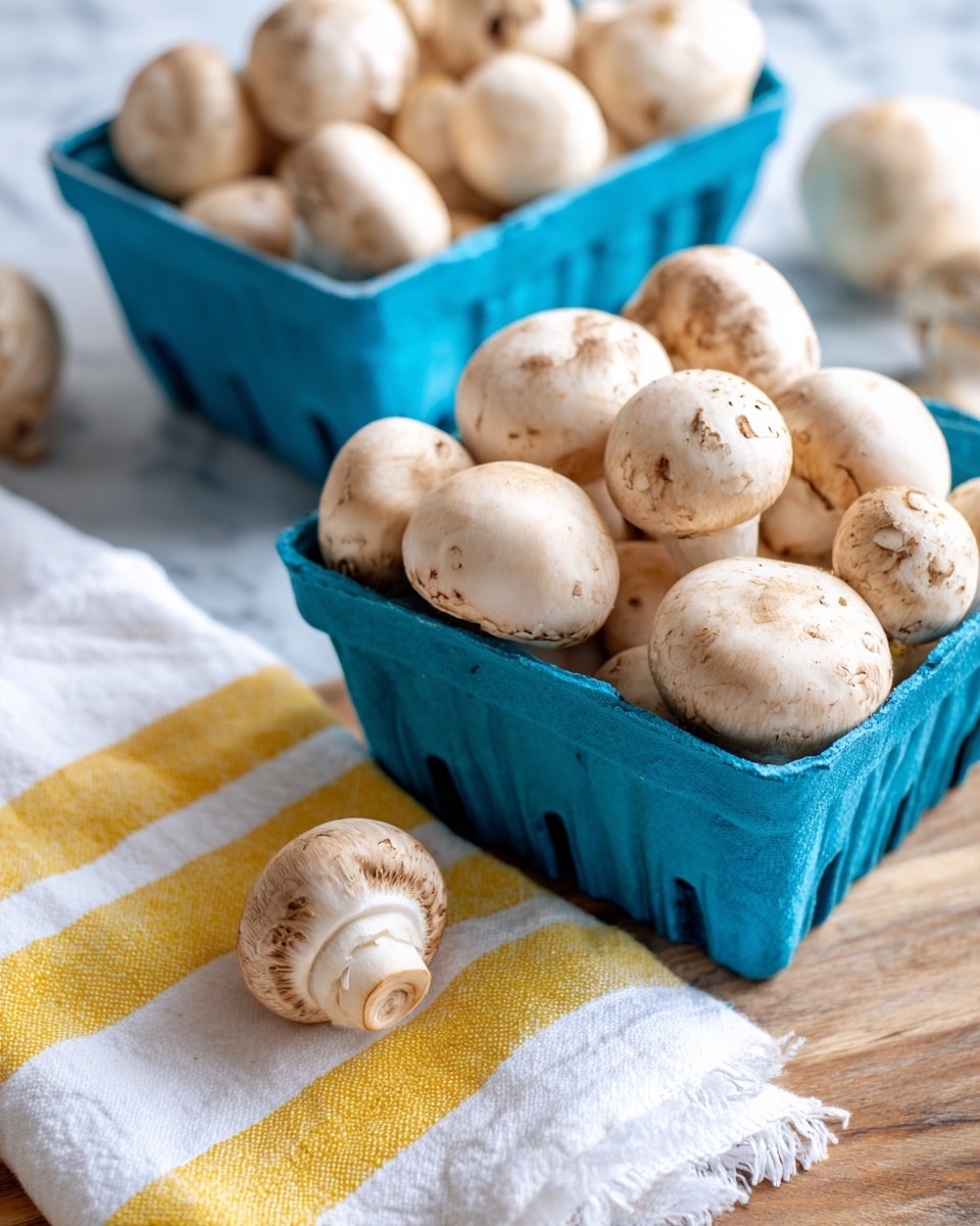 The image shows two blue plastic containers filled with fresh white mushrooms. The mushrooms have a smooth texture with light brown spots on their caps. One container is in the front left of the image, filled with clustered mushrooms, and the other container is in the back, partly out of focus. In the bottom right corner, a clean white cloth with wide yellow stripes is folded on a wooden surface. A single mushroom rests on the cloth. The wooden surface has a natural, slightly worn texture but should be imagined as a white marbled texture instead. Photo taken with an iphone --ar 4:5 --v 7