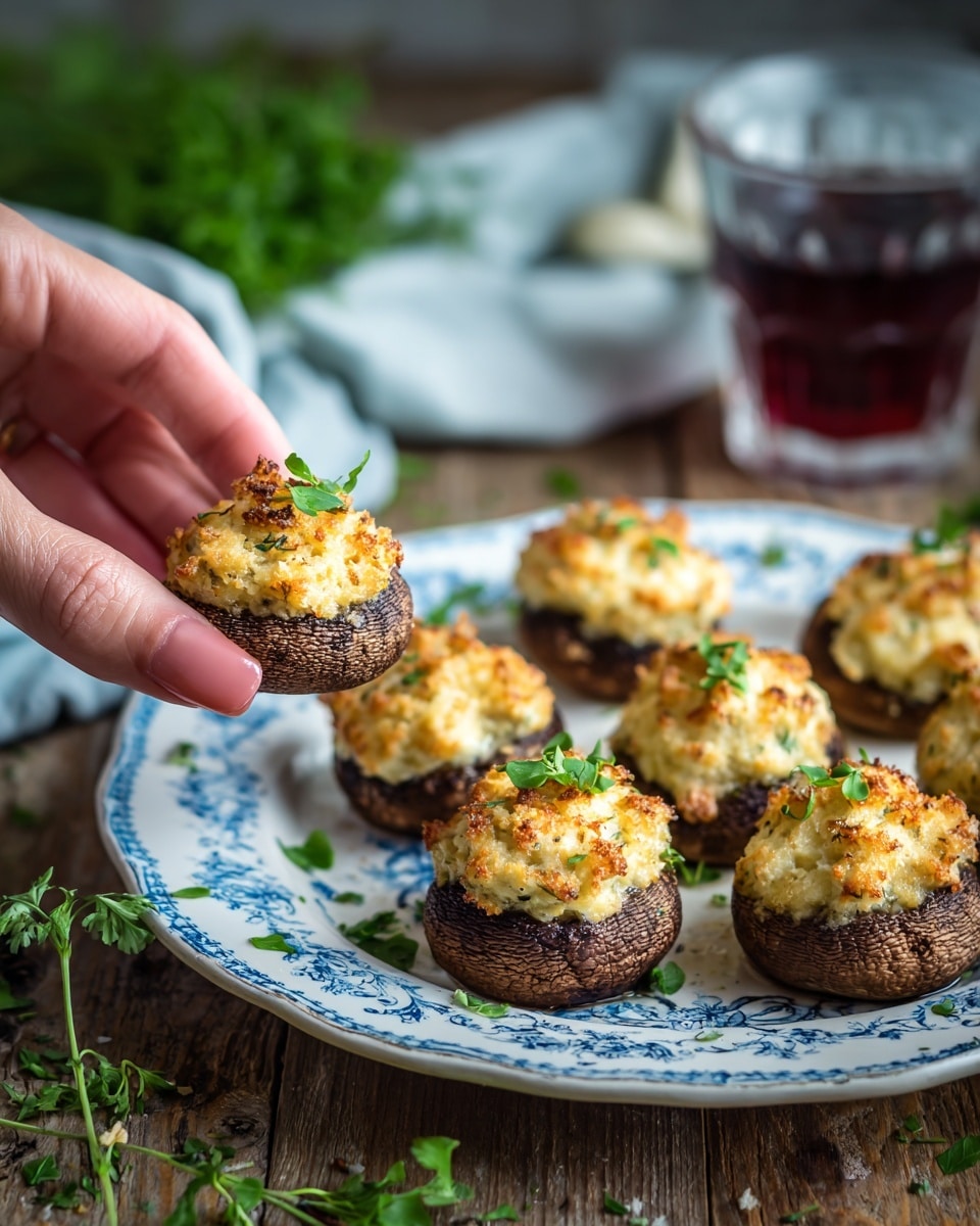 The image shows seven stuffed mushrooms arranged on a white plate with blue patterns. Each mushroom has a dark brown base with a light golden, creamy filling that looks slightly crispy on top, garnished with small green herb leaves. A woman's hand is holding one mushroom at the front left side of the frame. The plate sits on a wooden surface with some scattered green herb leaves around it. In the background, a blurry glass cup with dark red liquid is visible. The lighting is natural and soft, highlighting the texture of the mushrooms and filling. photo taken with an iphone --ar 4:5 --v 7