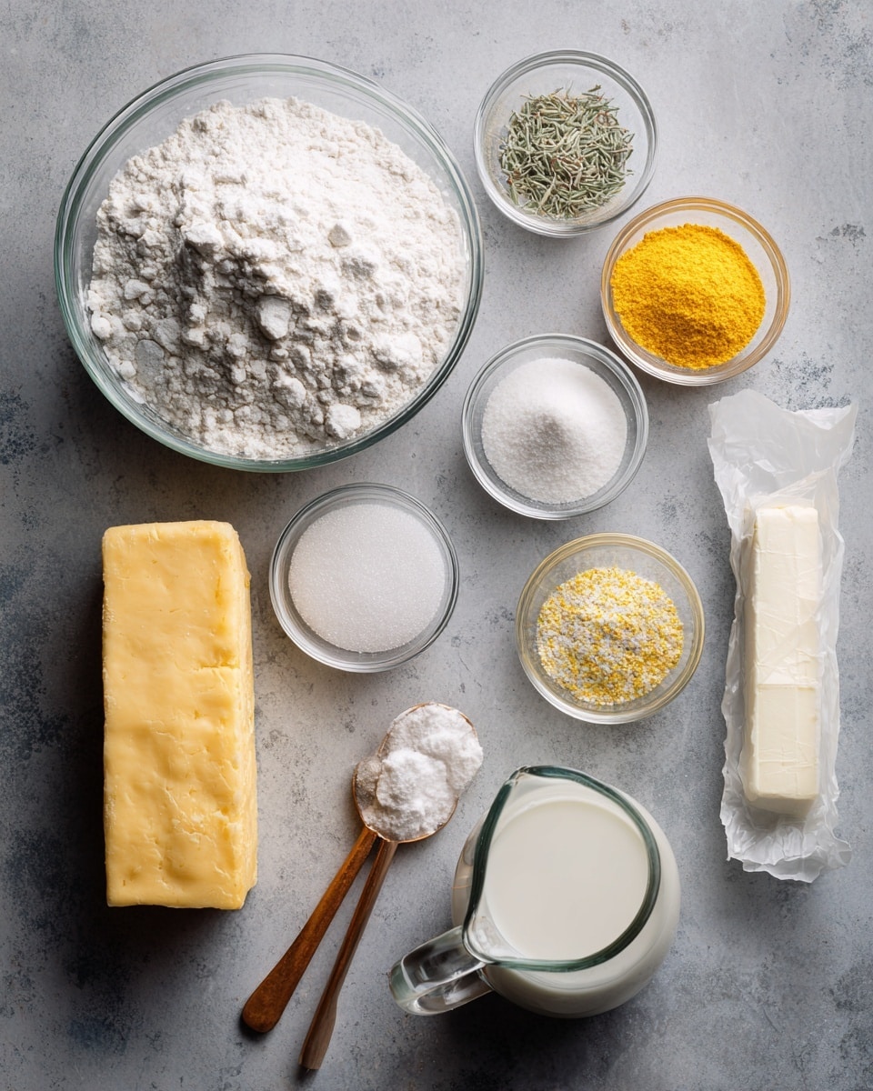 A flat lay of various baking ingredients arranged on a gray textured surface. On the left, there is a large clear bowl filled with white flour and below it a large block of yellow cheese. To the right of the flour are three small clear bowls, one with white salt, one with a mix of yellow powder and green herbs, and one with white powder. There are also two measuring spoons with wooden handles, one holding white granulated sugar and the other a yellow powder. To the far right, a clear glass measuring cup filled with white milk sits beside a small wrapped stick of white butter. photo taken with an iphone --ar 4:5 --v 7