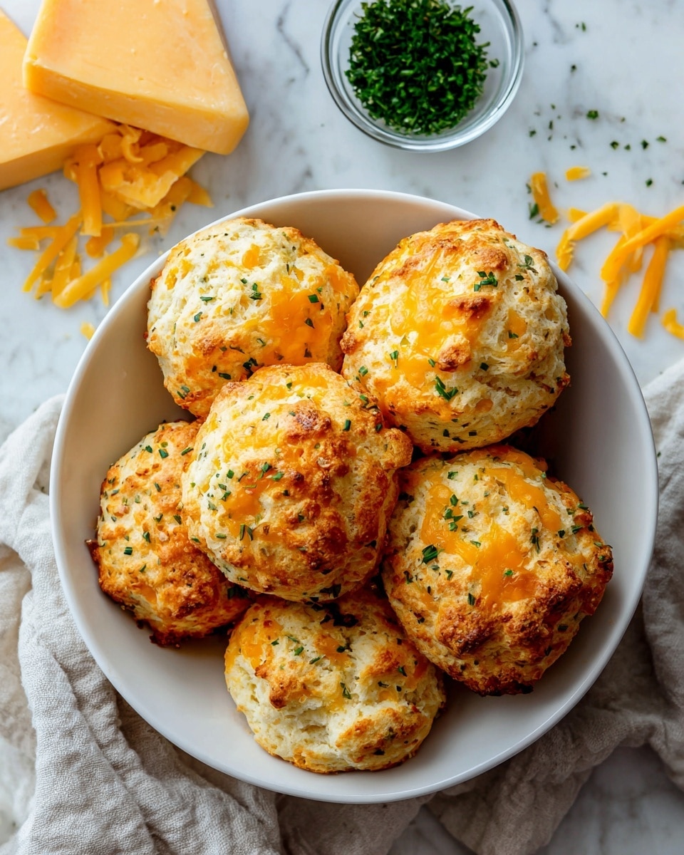 A white bowl filled with several round, golden-brown cheese biscuits sprinkled with small green herb pieces. The biscuits have a rough, crumbly texture with melted orange cheese spots on top. The bowl sits on a white marbled surface with a block of cheddar cheese and a small glass bowl of chopped green herbs in the background. Photo taken with an iphone --ar 4:5 --v 7
