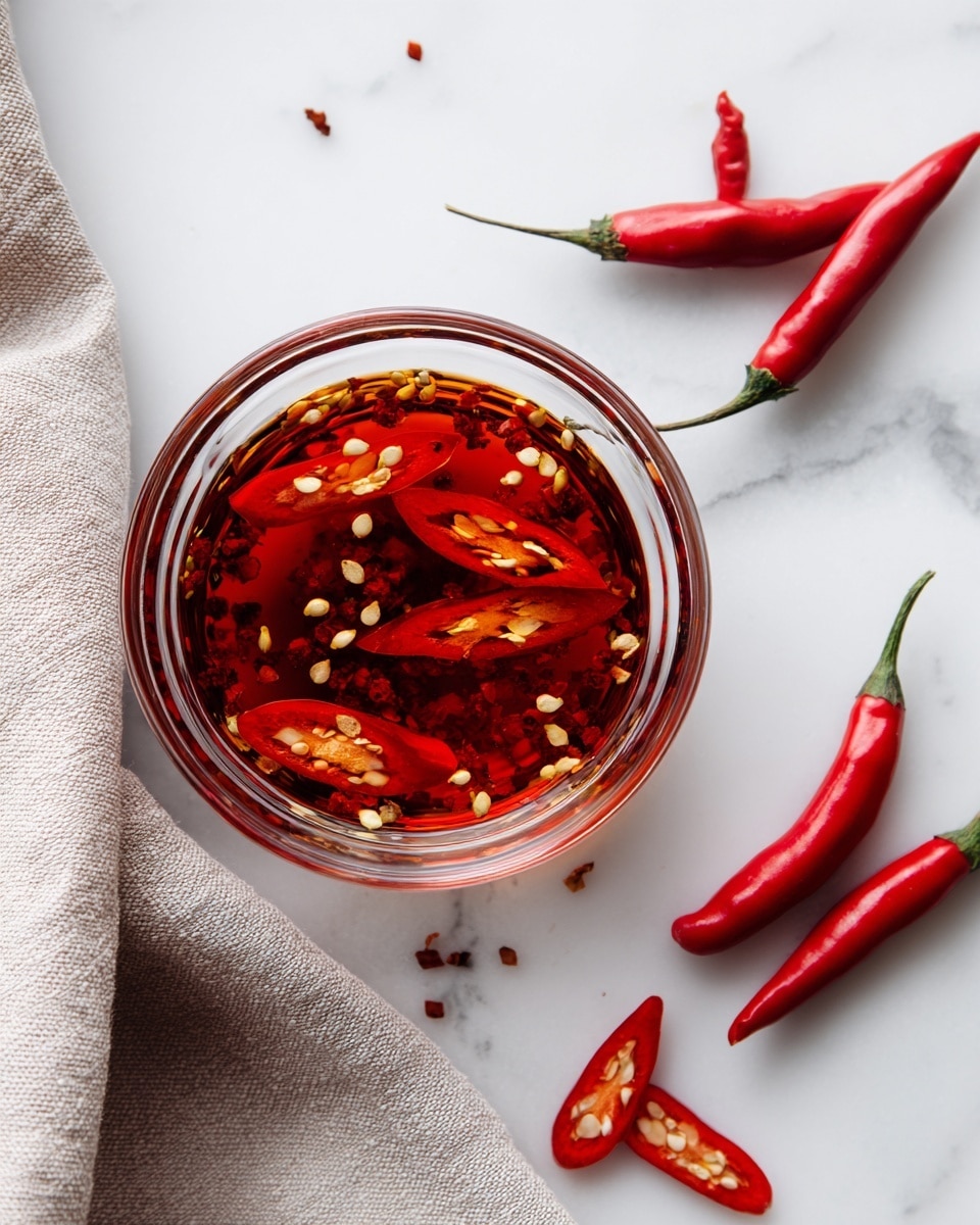 A clear glass bowl holds a bright red chili oil with several red chili slices floating on top; the chili slices show their white seeds clearly, and the oil has a shiny, slightly oily texture with red chili flakes scattered throughout. The bowl sits on a white marbled surface. To the right of the bowl are two whole red chili peppers and three chili slices lying flat, also showing seeds and a smooth, glossy texture. On the left side of the bowl, there is a soft beige cloth with a subtle texture. The photo taken with an iphone --ar 4:5 --v 7