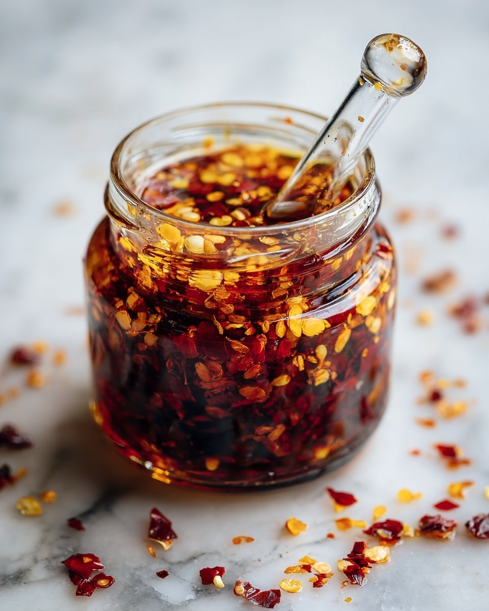 A clear glass jar filled with dark red chili oil layered with orange and yellow chili flakes floating on top, creating a textured surface. Inside the jar, a clear glass dropper is partially submerged, resting against the jar's opening. The jar is placed on a white marbled surface with scattered chili flakes nearby, adding small pops of red and yellow around it. Photo taken with an iphone --ar 4:5 --v 7