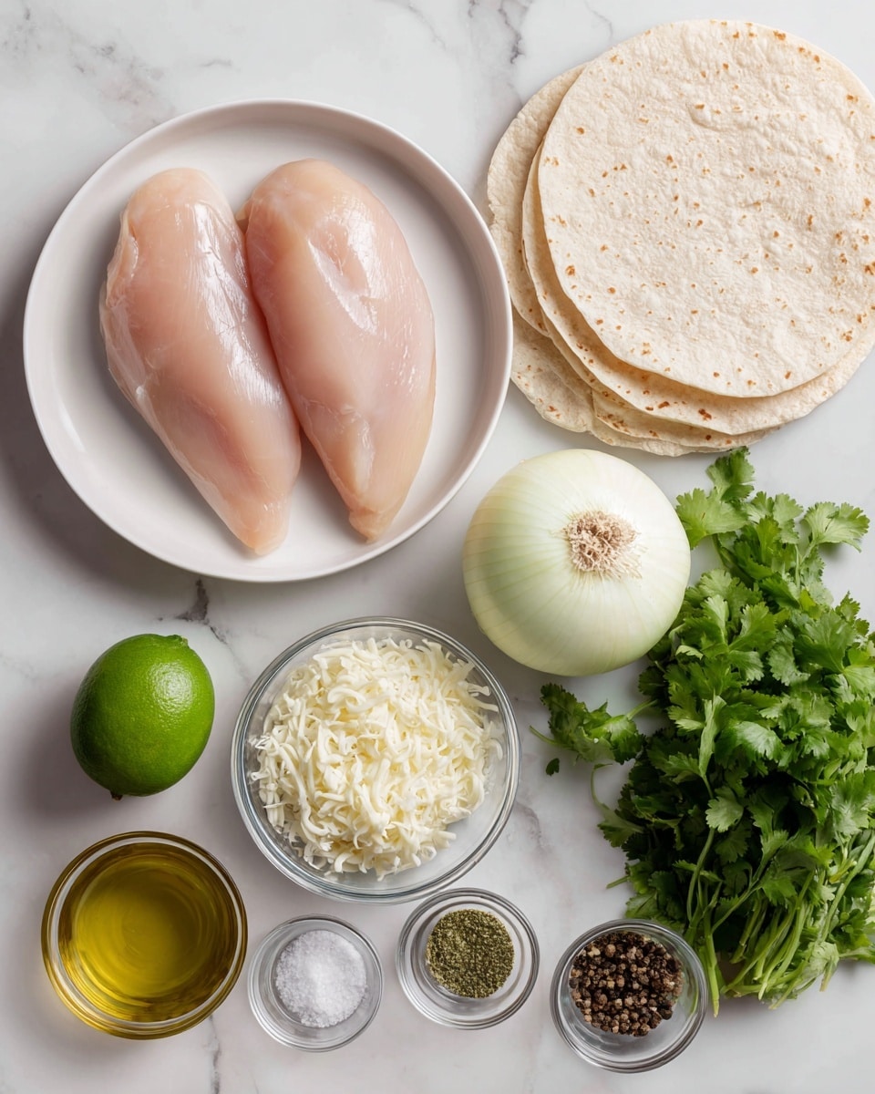 A white plate holding two raw light pink chicken fillets sits on the left side of the image, next to a bright green lime and a whole white onion in the center. Below the onion, a clear glass bowl is filled with finely shredded white cheese. Around these items are small clear bowls containing golden brown spices, olive oil, salt, and black pepper. To the right, a neat stack of light beige tortillas rests next to a bunch of fresh green cilantro. All items are arranged on a white marbled surface. Photo taken with an iphone --ar 4:5 --v 7
