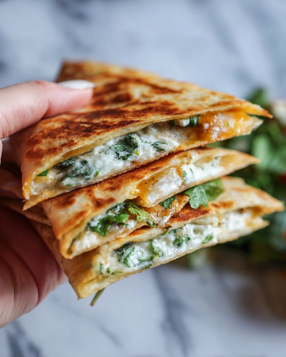 A close-up of a woman's hand holding a triangular slice of quesadilla showing three layers: the top golden brown crispy tortilla layer, a middle layer of melted white cheese mixed with green leafy herbs, and a bottom layer of slightly grilled tortilla. The quesadilla has some small pieces of browned filling and fresh greens visible inside. The background is out of focus with some green and brown colors. The scene is set on a white marbled surface. photo taken with an iphone --ar 4:5 --v 7