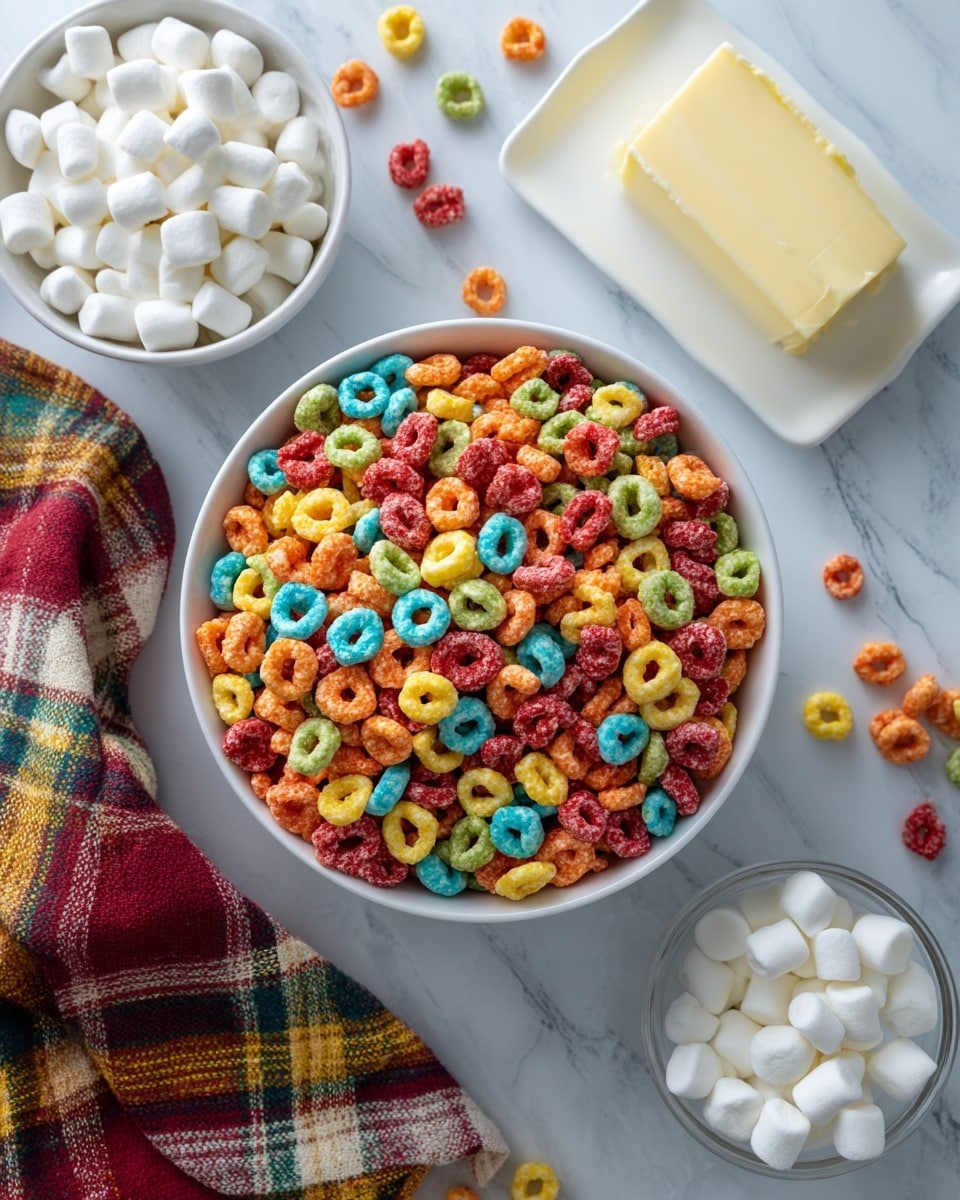 A white bowl filled with bright, colorful cereal pieces in red, orange, yellow, blue, and green, sitting on a white marbled surface. Nearby, another white bowl holds small, white marshmallows. To the side, there is a small slab of butter on a white dish, both placed on the same white marbled background. A multi-colored plaid cloth with red, yellow, green, and white stripes is partially visible to the left. Some cereal pieces and marshmallows are scattered around on the white marble. Photo taken with an iphone --ar 4:5 --v 7