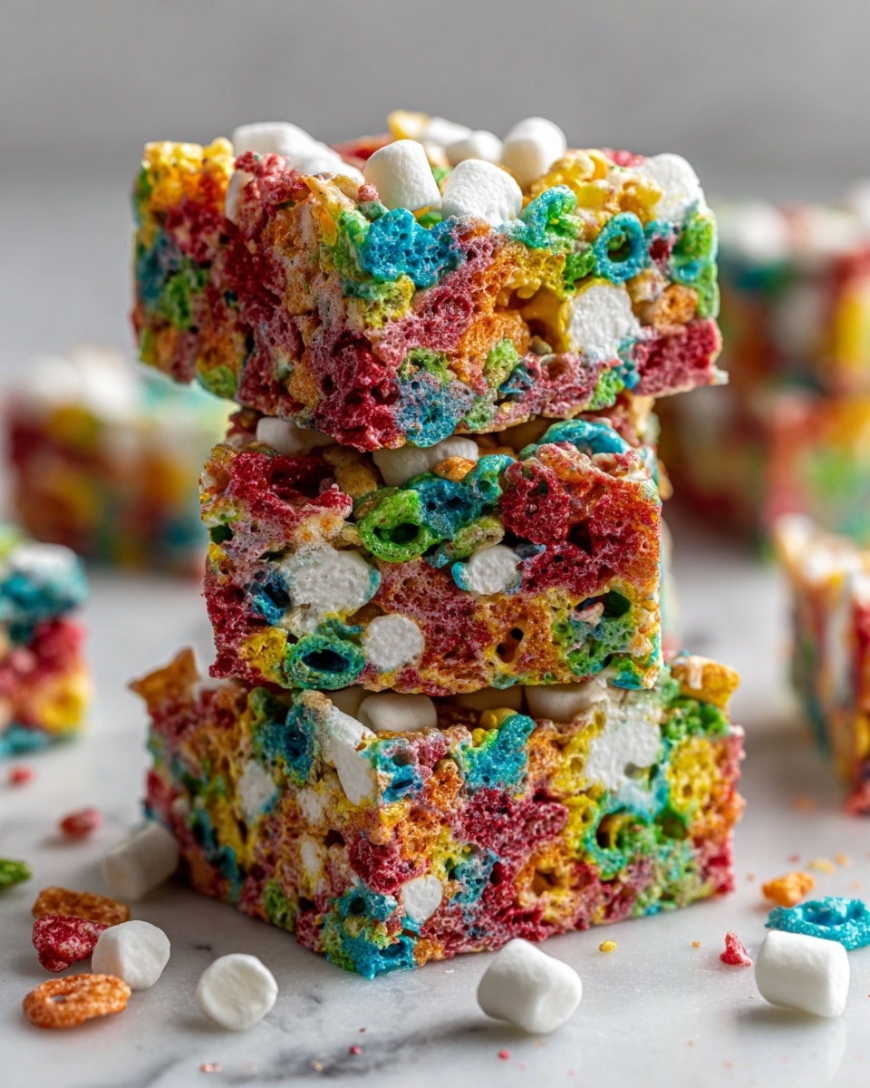 A close-up view of a stack of three colorful cereal treats on a white marbled surface. Each treat is thick and square-shaped, made from bright, multicolored pieces of cereal mixed with white marshmallows, creating a bumpy and sticky texture. The colors include red, green, blue, yellow, and orange, scattered throughout all layers. Small marshmallows are visible within the treats, giving some white spots among the vivid colors. Around the stack, loose cereal pieces and marshmallows are scattered randomly on the white marbled background. The photo taken with an iphone --ar 4:5 --v 7