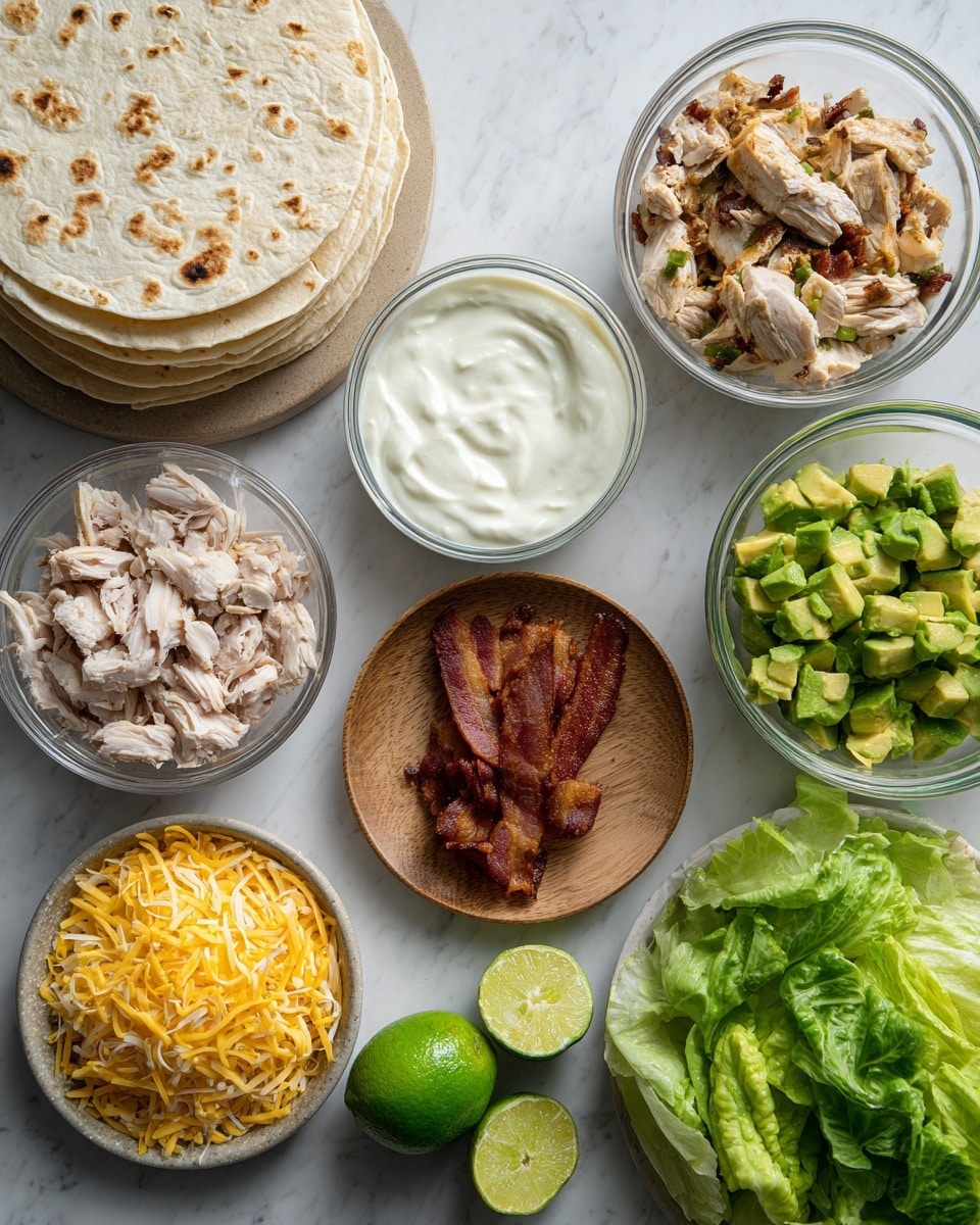 The image shows a white marbled surface with several clear and wooden bowls and plates. Starting from the left, there is a stack of soft light beige tortillas with few brown spots, next to a small clear bowl of white creamy sauce. Above this is a clear bowl with pieces of cooked chicken mixed with small bits of bacon. To the right, there is another clear bowl filled with shredded yellow cheese. Next is a wooden bowl holding bright green diced avocado, and near it, a bright green whole lime and half a lime with its juicy inner texture showing. In the center is a small round wooden plate with a few crispy strips of cooked bacon. Below this are a clear bowl of chopped pale cooked chicken and a small clear bowl of a white creamy sauce. On the far right is a clear bowl filled with fresh green lettuce leaves, showing varied textures and shades of green. All items are arranged neatly with good spacing. Photo taken with an iphone --ar 4:5 --v 7