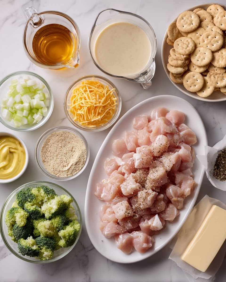 A white oval plate in the lower left holds raw pink chicken chunks with black pepper sprinkled on top. Around the plate, there are several clear glass bowls: one in the lower right filled with bright green broccoli pieces, above it a small bowl with pale yellow mustard, above that a small bowl of light beige breadcrumbs, and nearby a bowl with pale orange shredded cheese. A small bowl with diced light green celery sits near the center. On the left side, a bowl with white chopped onion is placed. Two clear measuring cups hold liquids at the top: one with amber-colored broth on the left and one with creamy white sauce on the right. Next to the creamy sauce is a pile of round light brown crackers. A stick of pale yellow butter partially wrapped in paper is near the right edge. The items are on a white marbled surface. Photo taken with an iphone --ar 4:5 --v 7
