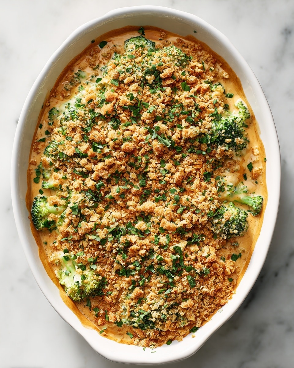 A close top view of a white oval dish filled with three layers: the bottom creamy brown sauce layer, the middle layer of green broccoli pieces partially covered in sauce, and the top crumbly golden brown layer with uneven crushed crackers. Fresh chopped green herbs are sprinkled over the crumbs, adding bright green spots across the surface. The dish sits on a white marbled surface. photo taken with an iphone --ar 4:5 --v 7