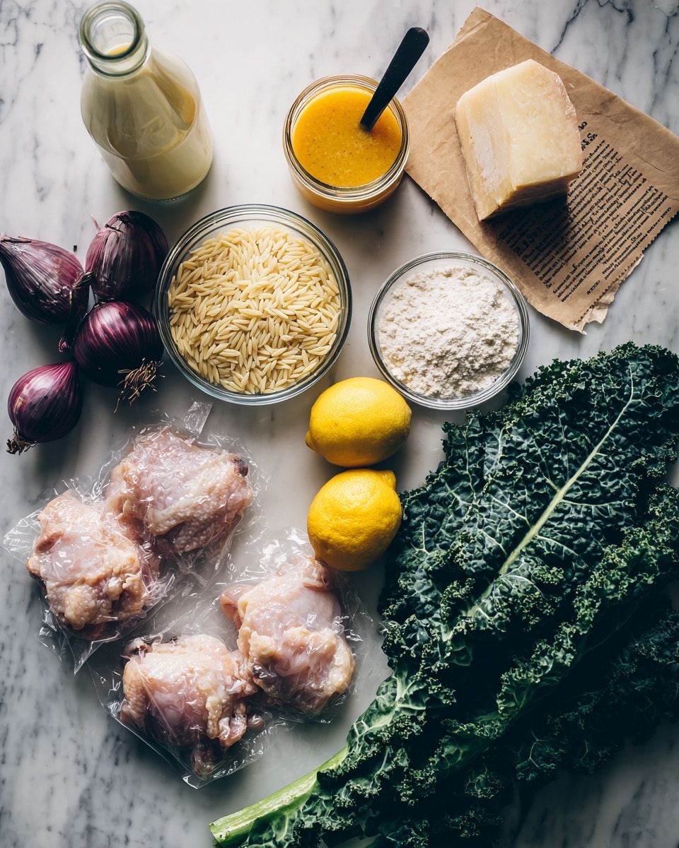 The image shows fresh cooking ingredients laid out on a white marbled surface, including raw chicken thighs in transparent packaging at the bottom left, and three dark purple shallots slightly to the right. Above these, there is a bunch of fresh green curly kale with textured leaves, almost covering the right side of the image. Near the center, a clear glass bowl holds uncooked orzo pasta, cream-colored and smooth in texture. To the left of the orzo, a halved yellow lemon with bright flesh is placed alongside another lemon partially visible. Above the orzo, a glass jar contains a thick orange sauce with a black spoon inside. A small glass bowl next to the jar holds white flour, and another small glass bowl contains finely grated parmesan cheese. In the upper left corner, a large glass bottle filled with a creamy liquid is present. The top right corner has a block of yellow cheese on opened brown paper with black text. The whole setup is bright and natural with sharp details and soft shadows, photo taken with an iphone --ar 4:5 --v 7