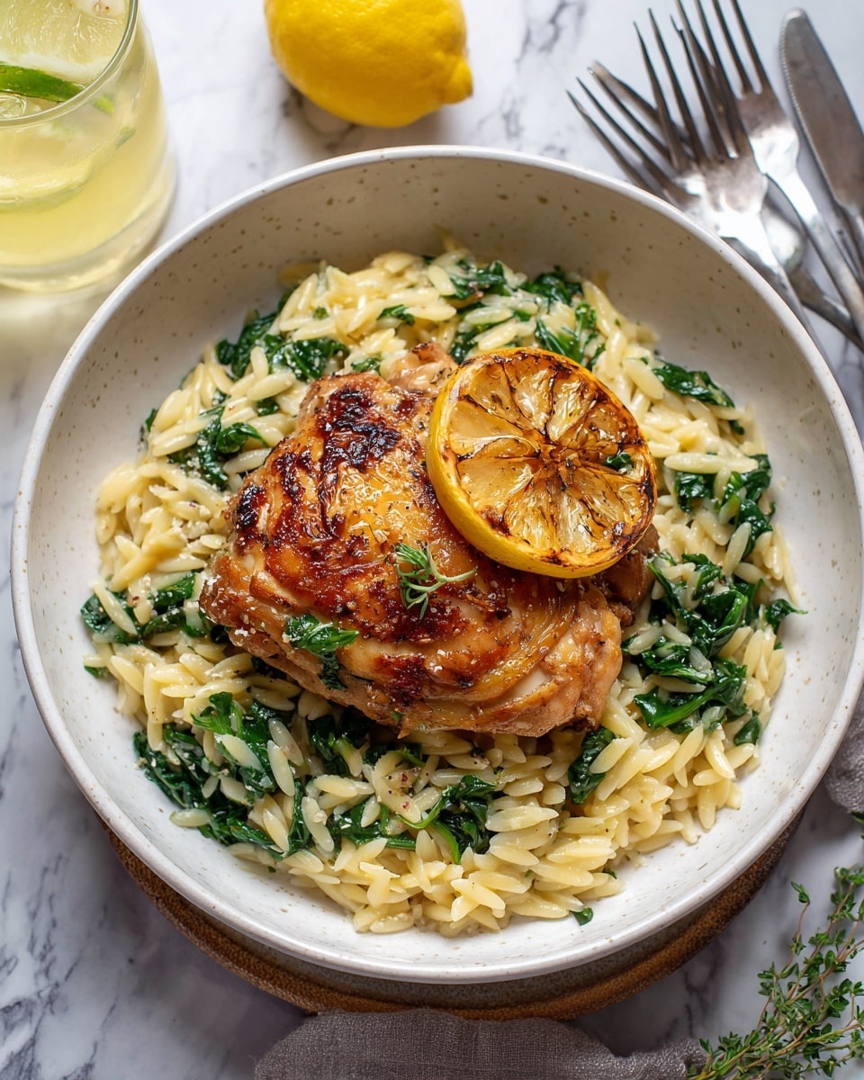 A white plate holds a creamy orzo base mixed with green leafy vegetables, forming the bottom layer. On top of this is a golden-brown cooked piece of chicken thigh with visible seasoning and a slightly crispy skin. Resting on the chicken is a seared, caramelized lemon slice with grill marks. Small sprigs of fresh green herbs decorate the chicken. The setting is on a white marbled surface with some forks and knives nearby, and a glass of yellow drink to the side. Photo taken with an iphone --ar 4:5 --v 7