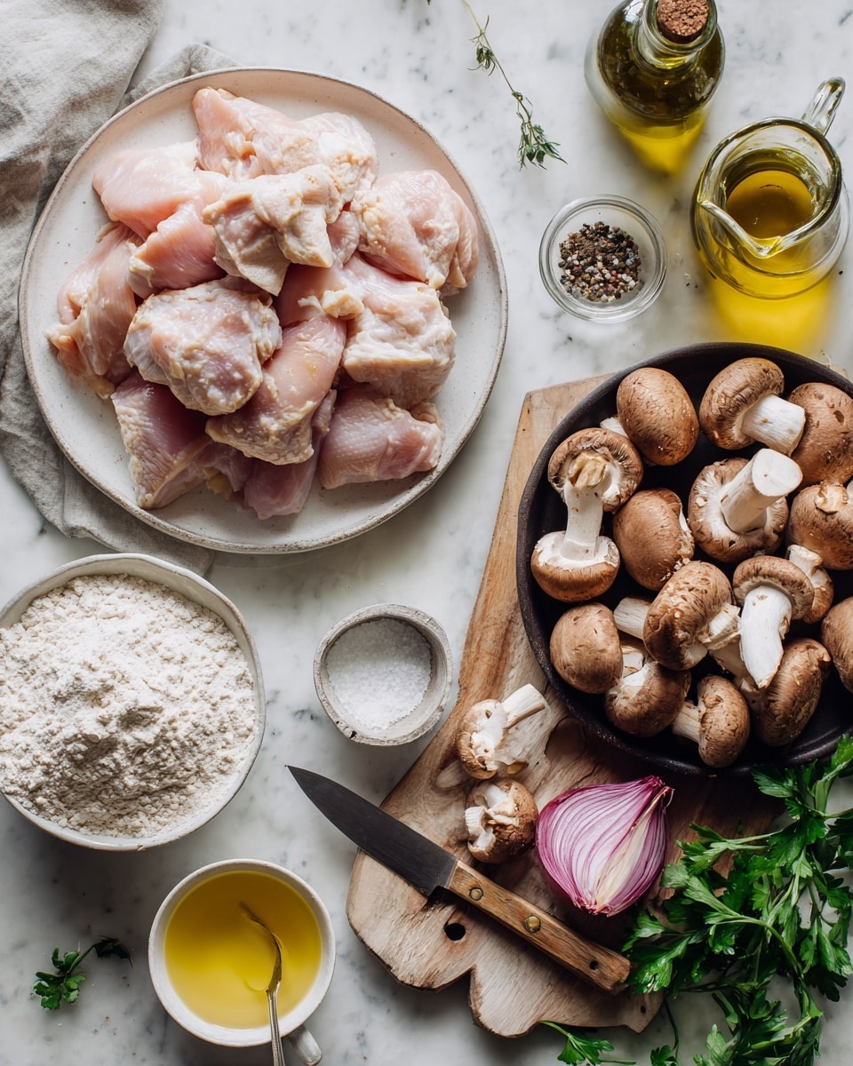 The image shows raw chicken pieces stacked in a white round plate on the left side, with light pink smooth texture. To the right, there is a black tray filled with whole brown mushrooms, and some mushrooms are sliced and scattered on a wooden board below the tray. A small knife with a wooden handle rests on the board. Above the chicken, there’s a glass bottle of olive oil with a dark green label and a clear glass pitcher with golden olive oil. Two small white bowls hold salt and ground black pepper near the top right. Near the bottom, a glass bowl filled with white flour is next to green parsley leaves. A measuring cup filled with pale yellow broth is near the bottom center, and a halved shallot with purple skin is lying next to the flour. The background is a white marbled texture photo taken with an iphone --ar 4:5 --v 7