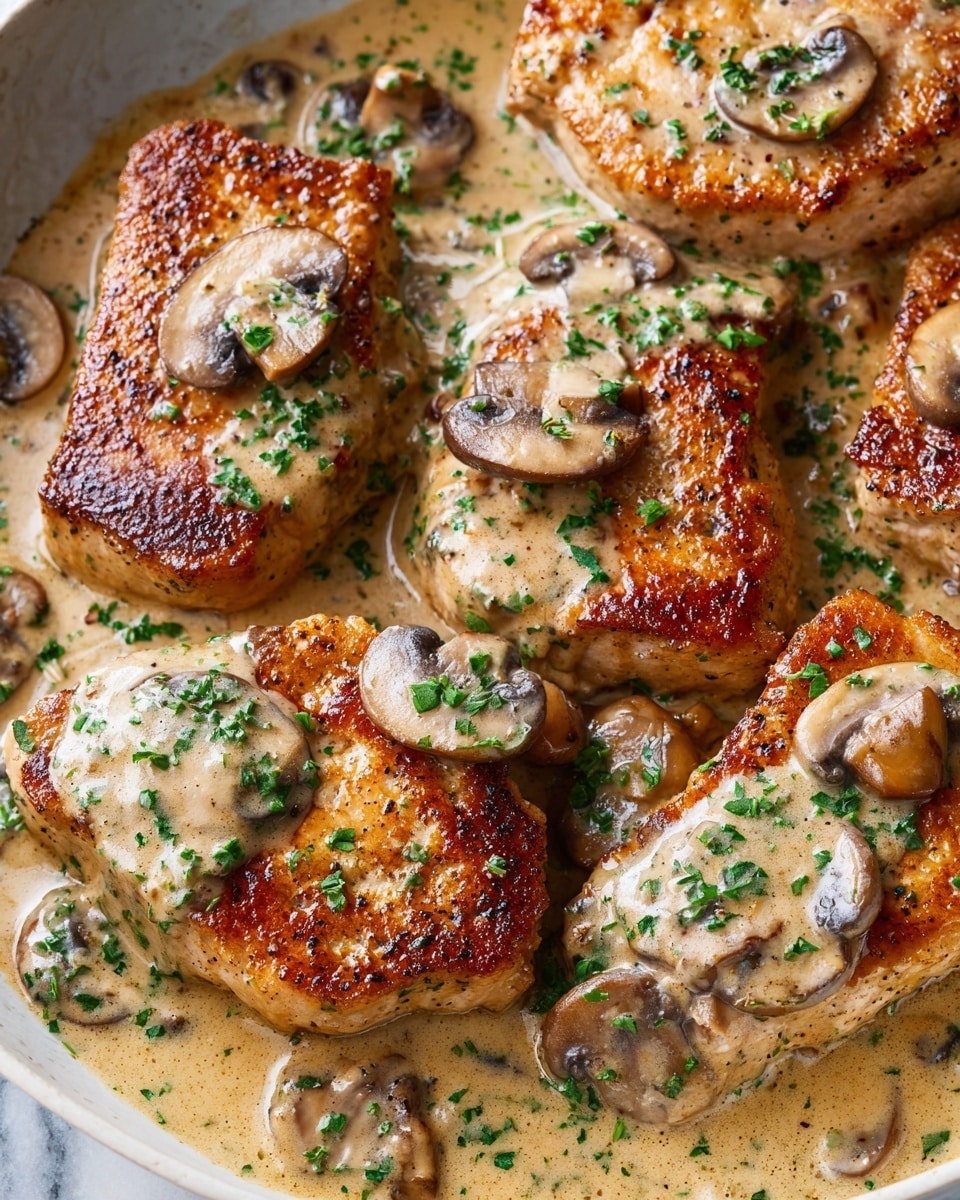 The image shows a close-up of six golden-brown cooked pieces of meat layered with light brown creamy mushroom sauce, covering most of the surface. The sauce has small mushroom slices and whole mushrooms scattered across the top, with bits of green herbs sprinkled evenly for color contrast. The meat pieces are slightly crispy at the edges, sitting close together with sauce pooling between them, creating a rich and glossy look on a white marbled surface. photo taken with an iphone --ar 4:5 --v 7