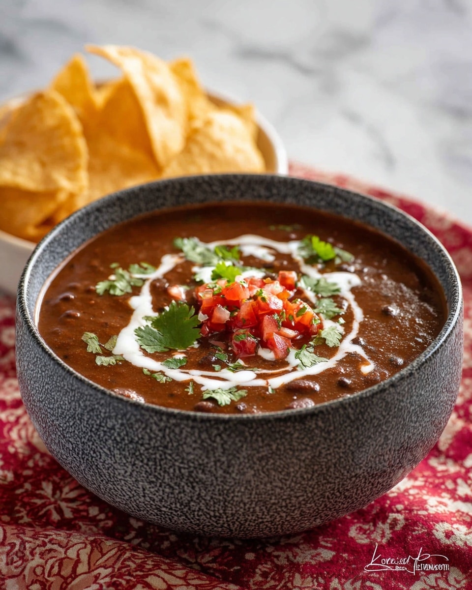 A bowl filled with a rich brown soup made of black beans and sauce sits on a white marbled surface with a red patterned cloth underneath. The soup has a swirl of white cream on top, small green cilantro leaves scattered around, and a small pile of red diced tomatoes and herbs in the center. The bowl is textured dark gray on the outside and inside edges. In the background, there are crispy light yellow chips placed partially out of focus. photo taken with an iphone --ar 4:5 --v 7