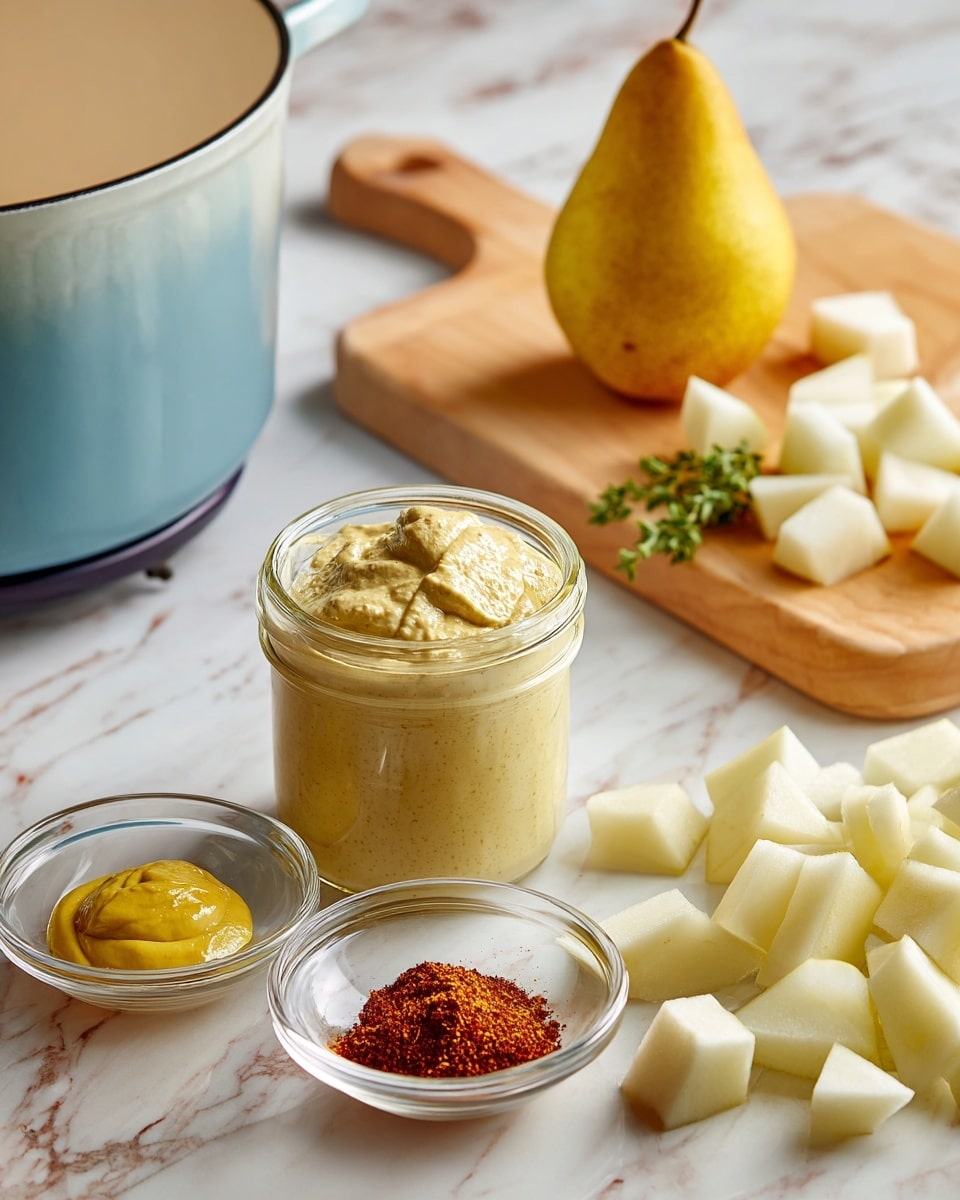 The image shows a scene of cooking preparation on a white marbled surface, featuring a close-up of an open jar of grey poupon Dijon mustard in the foreground, creamy yellow in color with a partially scooped-out texture on top. Behind the jar, there is a small clear glass bowl containing two dollops of mustard, one yellow and one reddish-brown, with a sprig of green herbs resting on the side. To the right, there is a whole yellow pear standing upright. Further back, a light wooden cutting board holds diced pear pieces in shades of white and yellow. On the left side, a large white enamel pot with a blue outer surface and visible handle is partially shown. Photo taken with an iphone --ar 4:5 --v 7