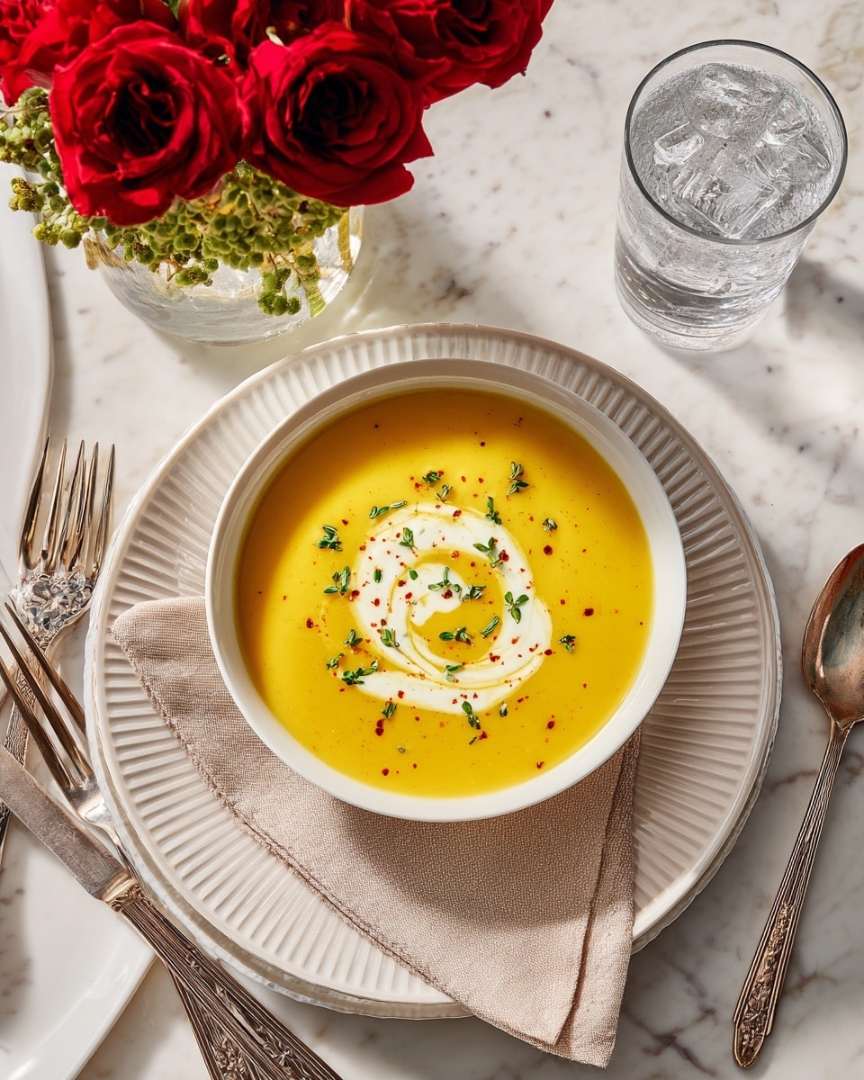 A bowl of smooth yellow soup with a swirl of white cream in the center, sprinkled with small green herb leaves and tiny red flakes, sits on a beige napkin placed on a white plate with a ribbed edge. The plate is layered on a larger white plate with a similar ribbed design. Around the bowl, there is a silver fork on the left and a silver knife on the right, both with detailed handles. Nearby, a clear glass filled with ice water is visible, along with a small bouquet of red roses and green leaves in a clear vase placed on a white marbled surface. Two silver ornate spoons lie beside the soup bowl, completing the elegant table setting photo taken with an iphone --ar 4:5 --v 7