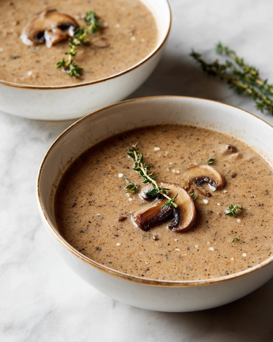 Two white bowls filled with creamy brown mushroom soup sit on a white marbled surface. Each bowl has a light brown smooth soup with visible small mushroom pieces inside. The soup is topped with a small sprig of green thyme and a thin sliced light brown mushroom. One bowl is closer and larger in the foreground, showing the soup texture clearly, while the other is smaller and partly visible in the background. Both bowls have a thin gold rim around the edge. Photo taken with an iphone --ar 4:5 --v 7