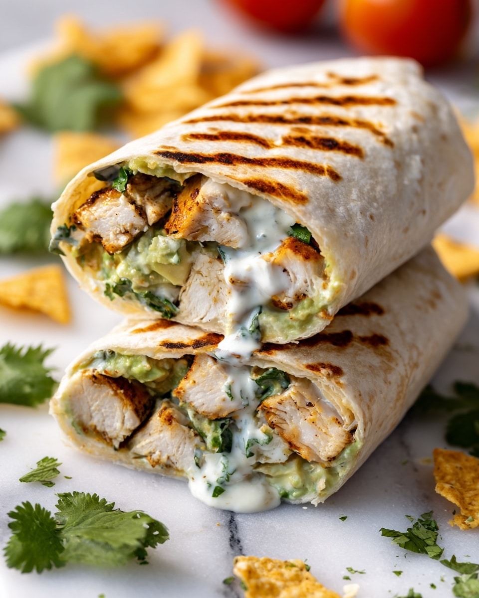 A close-up view of a stack of two wrapped burritos on a white marbled surface. Each burrito is toasted with light golden grill marks on the outer wrap. Inside, layers of grilled white chicken pieces, chunky green avocado slices, fresh green cilantro leaves, and a creamy white sauce are visible, with the sauce dripping slightly from the edges. Around the burritos are scattered fresh cilantro leaves, small pieces of tortilla chips, and blurred hints of red tomato in the background. Photo taken with an iphone --ar 4:5 --v 7