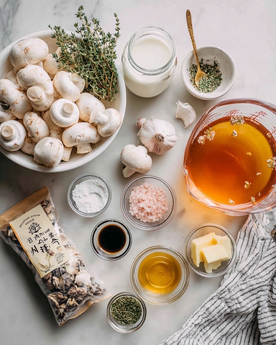 A white colander on the left side filled with fresh white mushrooms and pink shallots topped with a small bunch of green thyme sprigs, next to a small glass jar filled with white liquid. On the marble textured white surface, in front of the mushrooms, there is a clear plastic package of dried porcini mushrooms with Thai writing on it. To the right, there is a large glass measuring cup filled with amber-colored broth, surrounded by small clear glass bowls containing white flour, amber liquid, dark soy sauce, orange paste, fresh garlic cloves, a pat of pale yellow butter, dried green herbs, and black pepper in a small dark mortar with a thick golden spoon sticking out, and a bowl of pink salt. A striped white and black cloth lies on the right edge and bottom left corner of the scene. photo taken with an iphone --ar 4:5 --v 7