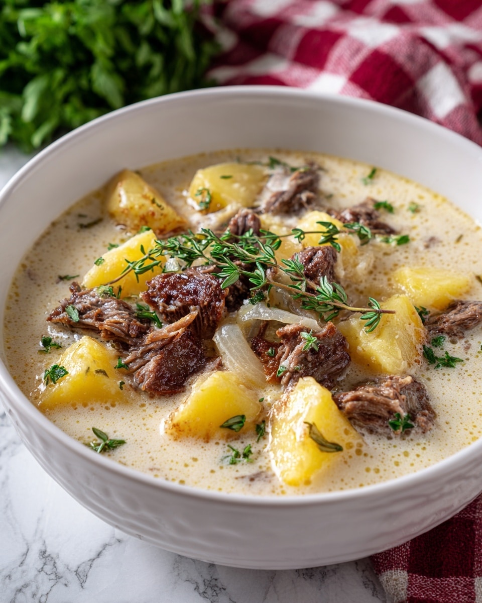The image shows a white bowl filled with a creamy soup containing three main layers: a light beige broth base with a smooth texture and small bubbles, medium-sized chunks of browned potato skins with soft yellow interiors mixed with pieces of tender brown meat, and translucent onion slices spread evenly. Fresh green sprigs of thyme are placed on top for garnish. The bowl sits on a white marbled surface with a red and white checkered cloth and green leafy herbs in the background. Photo taken with an iphone --ar 4:5 --v 7