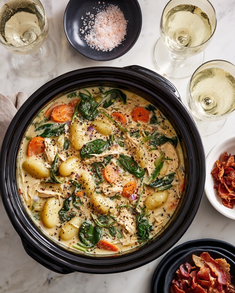 The image shows many cooking ingredients laid out on a white marbled surface. There is a clear plastic bag of ridged gnocchi in the center top, bright orange carrot slices in a glass bowl on the left side, and fresh green spinach leaves scattered below it. Diced white onion and celery pieces are in clear glass bowls nearby, along with a small bowl of dried herbs topped with a bay leaf. A white plate on the right holds shredded pale chicken, next to a glass bowl of pinkish bacon pieces and another bowl with white flour. There is a bottle of clear liquid, a bottle of creamy dressing lying on its side, sliced yellow butter on white paper, and a glass measuring cup filled with amber-colored broth. Photo taken with an iphone --ar 4:5 --v 7