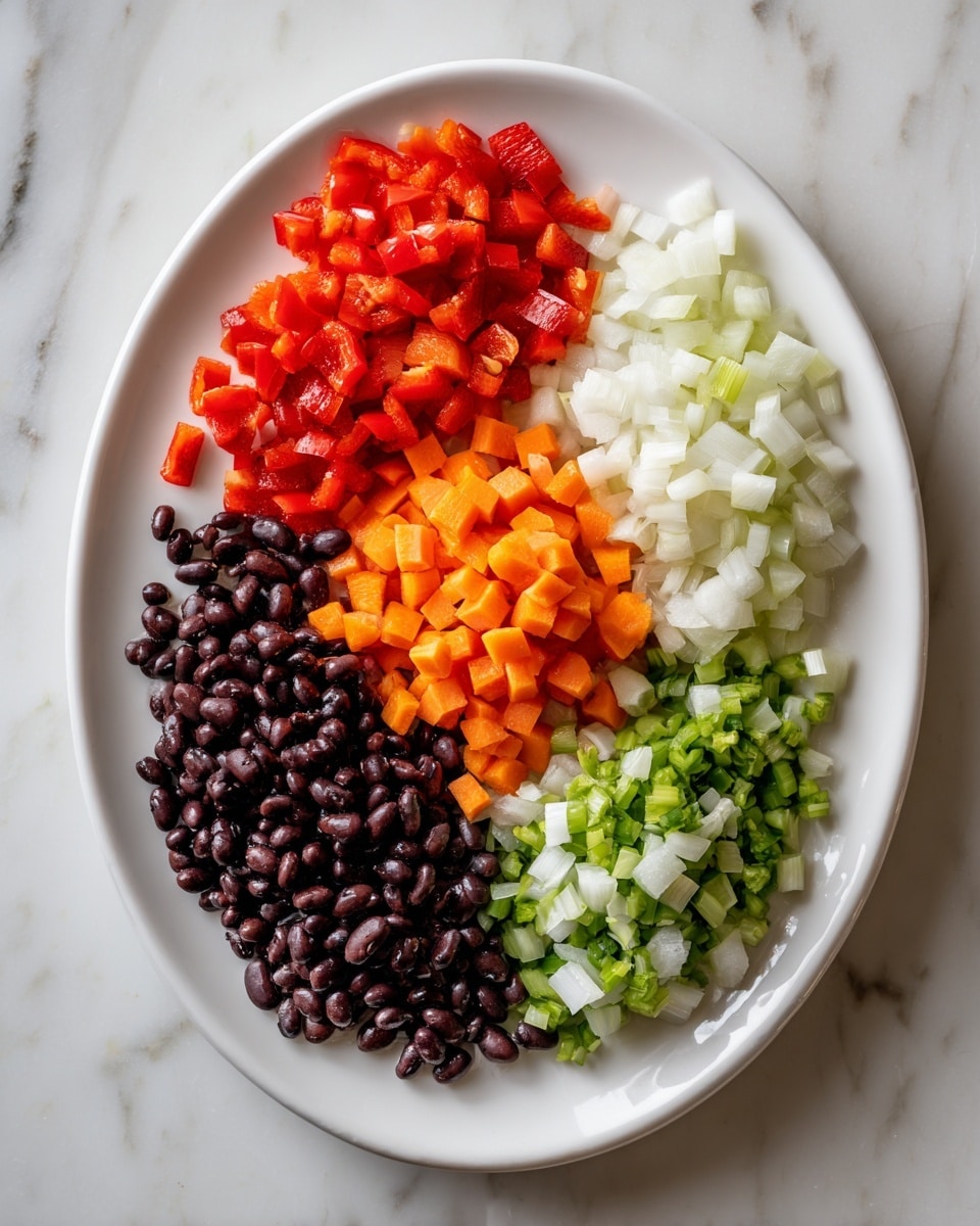 A white oval plate sits on a white marbled surface, filled with four sections of chopped ingredients arranged side by side, forming a colorful pattern. The top left section shows small red pepper pieces with a glossy texture, next to bright orange carrot cubes on the top right. The bottom left holds small black beans with a smooth, shiny look, while the bottom right contains pale green celery pieces and white onion bits mixed together, both with a fresh, crisp appearance. Photo taken with an iphone --ar 4:5 --v 7