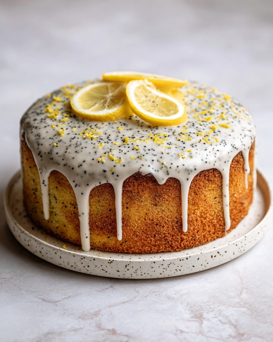 A round lemon poppy seed cake with two thick layers visible, the outside golden brown and the inside light yellow with many small black poppy seeds. The cake is covered with a shiny white glaze that drips down the sides, sprinkled with tiny lemon zest pieces and poppy seeds on top. Two thin lemon slices rest on the top center. The cake sits on a white plate with tiny black speckles on a white marbled surface. photo taken with an iphone --ar 4:5 --v 7
