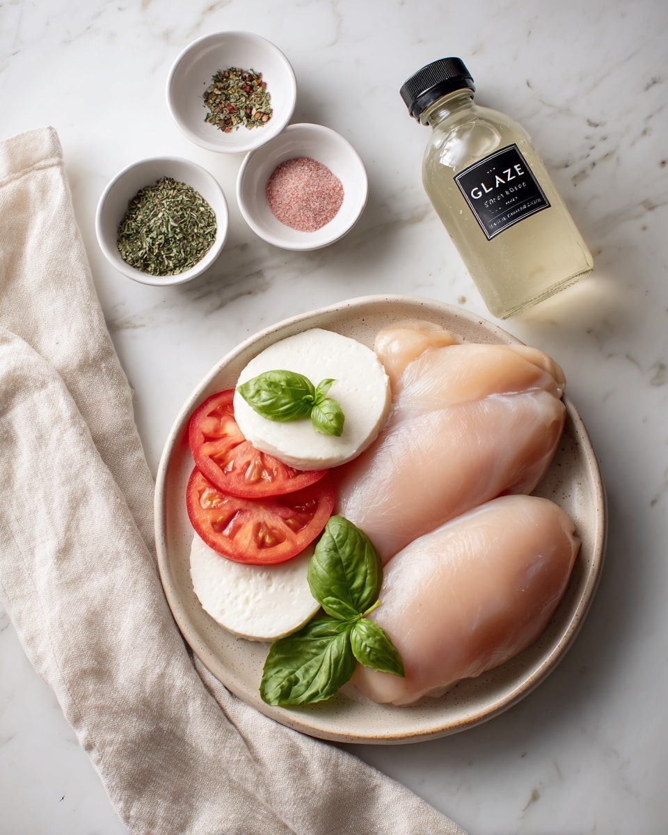 square image Two raw chicken breasts are placed on a round beige plate, set on a white marbled surface with a beige cloth next to it. Nearby, a white circular plate holds four slices of red tomato above four slices of white mozzarella cheese with green basil leaves sitting between them. A small white dish contains four small piles of herbs and spices in shades of green, pink, and black. Next to the spices is a clear plastic bottle with a black cap and a label reading