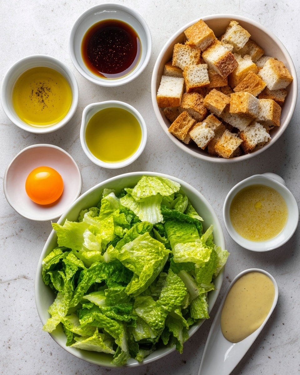square image The image shows ingredients for a salad arranged neatly on a white marbled surface. There is a white bowl full of chopped light brown bread cubes in the center right, and below it on the left is a larger white bowl filled with bright green lettuce leaves. Above the bread bowl are several small white bowls with different dressings and seasonings: golden olive oil, dark brown sauce, and light yellow liquid. To the left of the lettuce bowl there is a small white bowl holding a single orange egg yolk. Near the bottom right corner is a large spoon filled with a creamy yellow dressing. The colors of the ingredients range from green, brown, yellow, to white creating a fresh and inviting look. Photo taken with an iphone --ar 4:5 --v 7