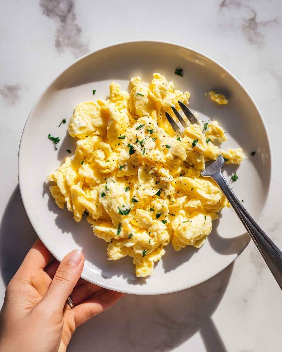 square image The image shows a close-up of fluffy scrambled eggs on a white plate. The eggs are soft and light yellow with small bits, creating a slightly rough texture. There are small green herb pieces sprinkled on top, adding a touch of color contrast. The white plate sits on a white marbled surface, and a woman's hand is holding a fork near the edge of the plate. The lighting is natural, making the eggs look warm and inviting. photo taken with an iphone --ar 4:5 --v 7