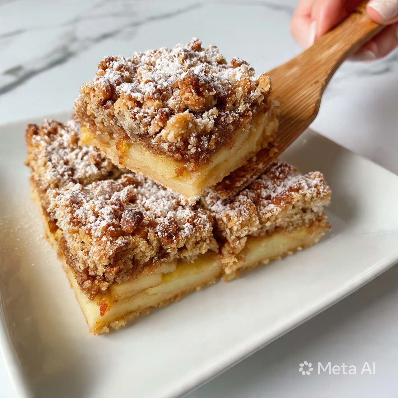 square image The image shows a square, white plate with a light brown apple crumble dessert cut into squares. The crumble has three visible layers: the base layer is soft with cooked apple slices that are light yellow with a touch of golden brown; the middle layer is a thick crumbly topping with a mix of light and dark brown, showing rough texture and small chunks; the top is dusted with a light sprinkling of powdered sugar, giving it a slightly snowy look. A wooden spatula is lifting one piece from the corner, held by a woman's hand, against a white marbled surface background. photo taken with an iphone --ar 4:5 --v 7
