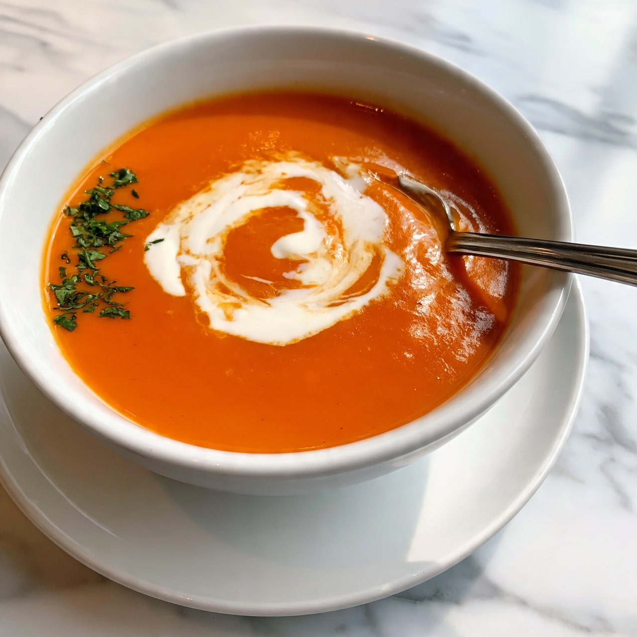 square image The image shows a white bowl filled with smooth, bright orange soup. On top, there is a swirl of white cream creating a soft spiral shape. Small green herb leaves are sprinkled on one side of the soup, adding a fresh touch. A metal spoon is partly dipped into the soup, with its handle resting on the bowl’s edge. The bowl sits on a matching white plate, both placed on a white marbled surface. Photo taken with an iphone --ar 4:5 --v 7
