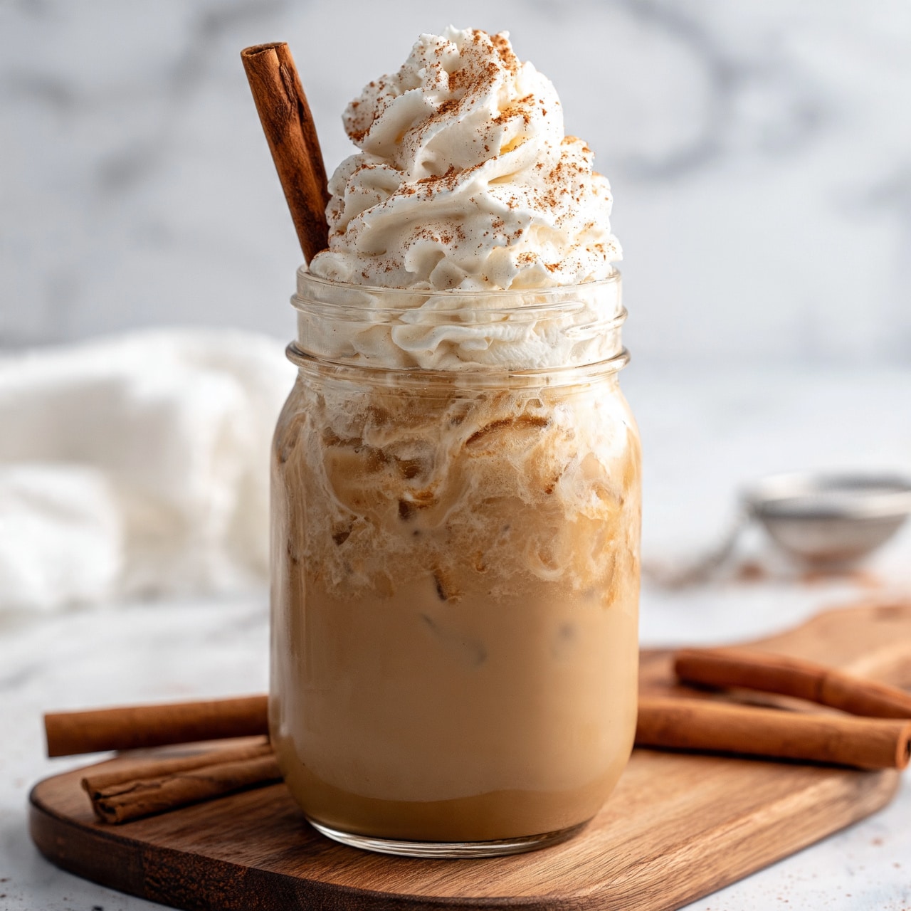 square image A clear glass jar filled with a light brown iced coffee drink, showing ice cubes inside. On top, there is a tall swirl of white whipped cream sprinkled with light brown cinnamon powder. A single cinnamon stick is placed upright inside the jar, poking out from the whipped cream. The jar sits on a wooden board that has cinnamon sticks laying around it. The background has a white marbled texture with some white cloth and a small metal strainer visible in the blur. Photo taken with an iphone --ar 4:5 --v 7square image