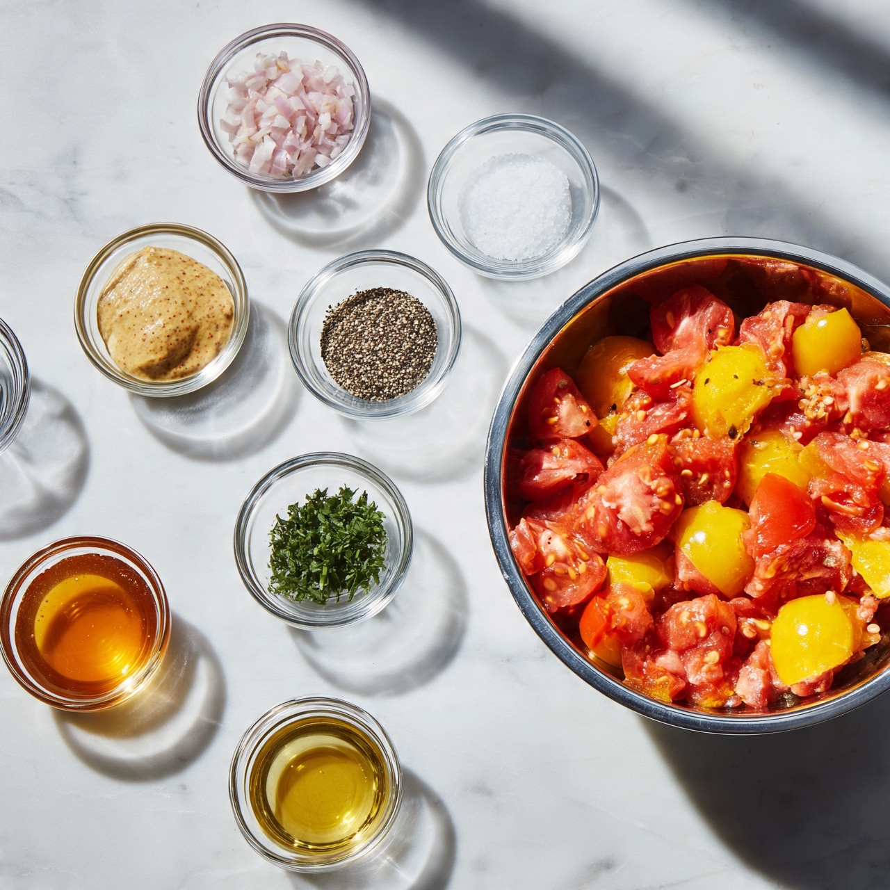 square image A shiny metal bowl on the right side filled with chunky pieces of red and yellow tomatoes, showing their juicy texture and seeds inside. Surrounding the bowl on the white marbled surface are seven small clear glass bowls with different ingredients: finely chopped light pink shallots, smooth beige mustard, coarse white salt, ground black pepper, chopped fresh green herbs, golden honey, and light olive oil, each with a glossy look and neat placement casting soft shadows. The whole setup is bright and clean, with a soft natural light enhancing the colors and textures of the fresh ingredients. Photo taken with an iphone --ar 4:5 --v 7