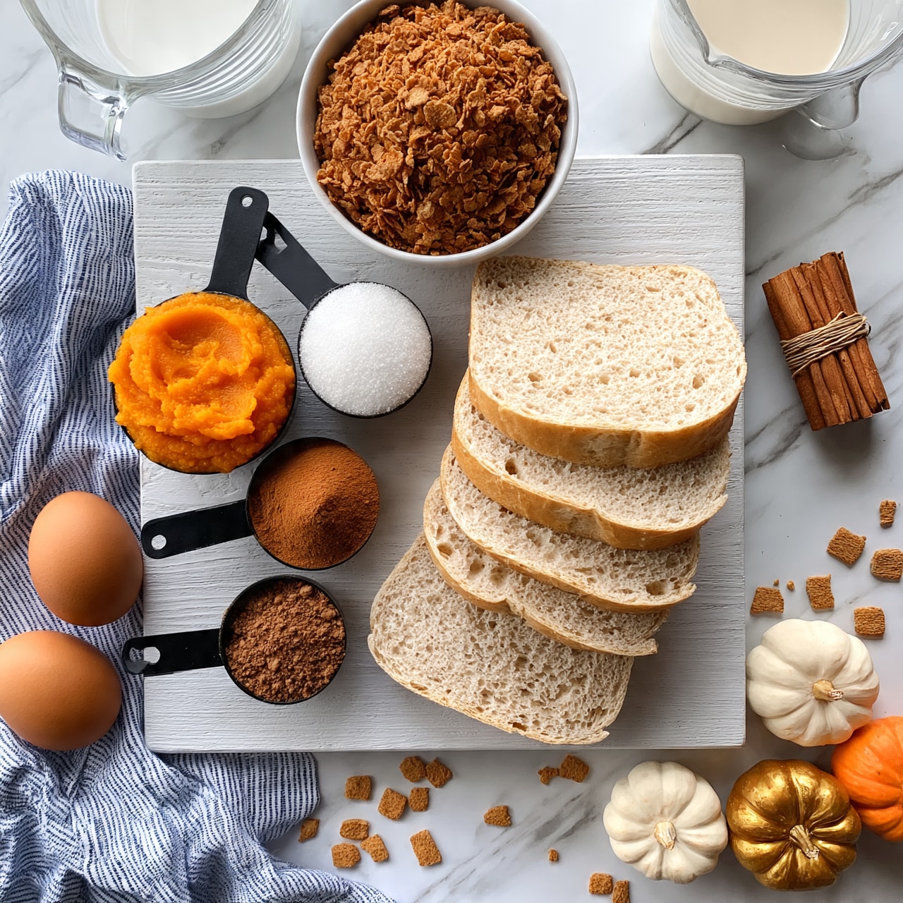 square image A white wooden board sits on a white marbled surface with six slices of light beige bread stacked and spread out showing soft texture and open crumb inside. To the left of the board, two brown eggs rest on a blue and white striped cloth. Next to this are four black measuring cups filled with bright orange pumpkin puree, white sugar, warm brown cinnamon powder, and dark brown nutmeg powder, arranged from largest to smallest. Above the bread, a white bowl holds a heap of crushed brown cereal pieces. To the right, a small bundle of tightly bound cinnamon sticks lies on the marble. Scattered around the board are small square brown cereal pieces and four small pumpkins in white, orange, and golden colors, adding a fall vibe. Toward the top, two clear glass measuring cups contain white and slightly off-white liquids. The photo taken with an iphone --ar 4:5 --v 7