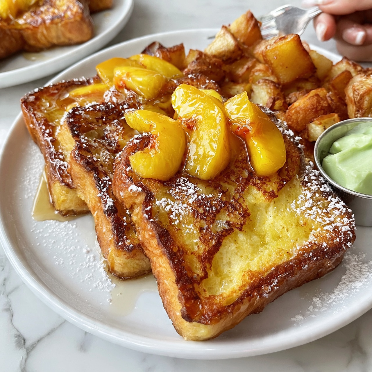 square image The image shows a white plate filled with three thick slices of golden brown French toast topped with shiny, syrup-coated peach slices. The French toast has a slightly crispy texture on the edges and soft inside. Powdered sugar is sprinkled lightly over both the toast and peaches. Next to the French toast on the plate are some crisp, golden roasted potato pieces. A small silver cup holding light green butter is on the side of the plate. The background is a white marbled surface, and part of another white plate with more toast is blurred in the background. A woman’s hand is holding a fork near the top right edge of the plate. photo taken with an iphone --ar 4:5 --v 7