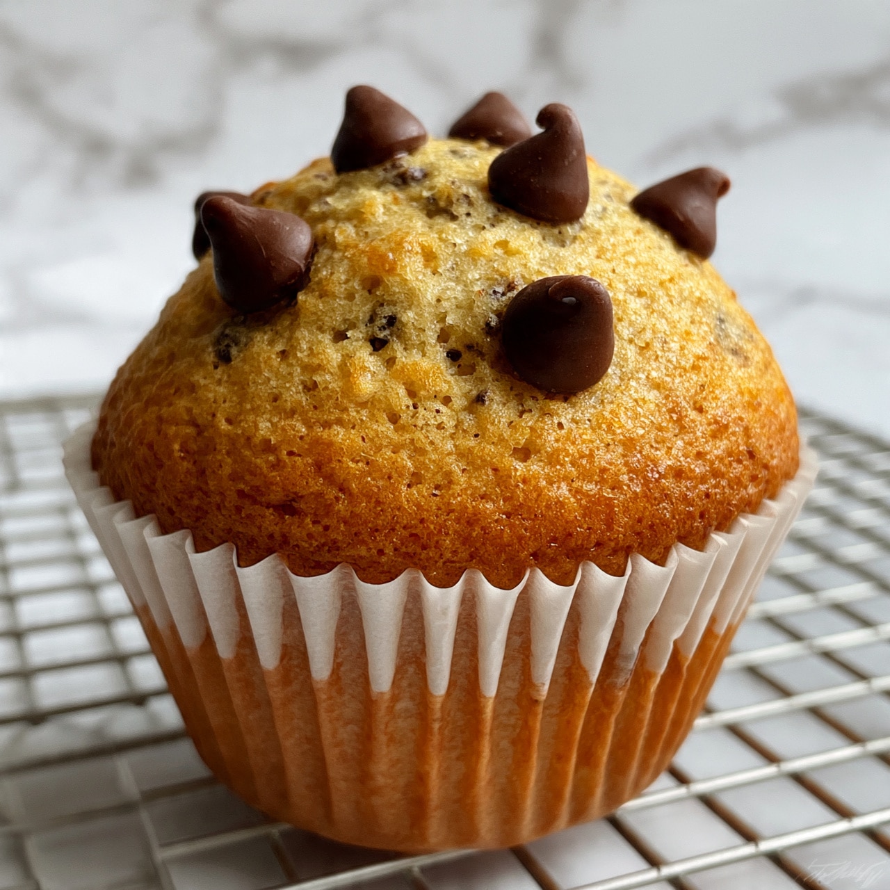 The image shows a close-up of several muffins on a metal rack. Each muffin has a golden brown top with a slightly rough texture and is decorated with scattered dark brown chocolate chips on the surface. The muffins are wrapped in white paper liners with ridges, and they have a soft, fluffy look with tiny air pockets visible. The background is a white marbled surface, giving a clean and bright feel. The focus is on the muffin in the front center, with others slightly blurred behind it, creating depth. photo taken with an iphone --ar 4:5 --v 7