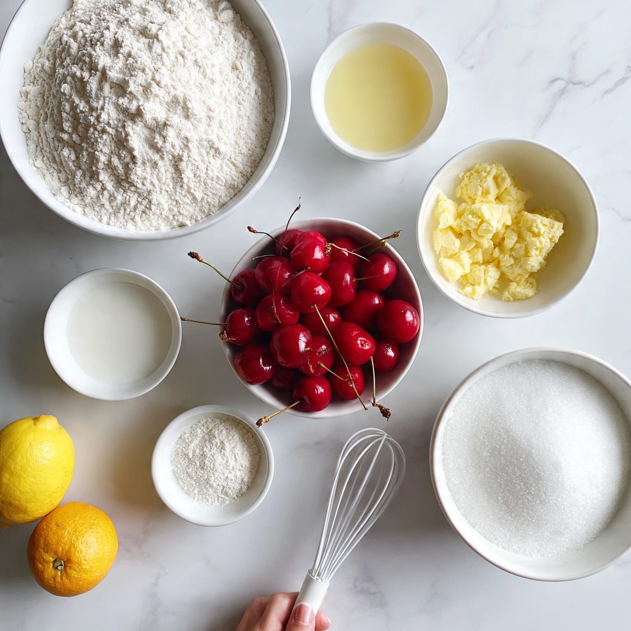 square image The image shows seven white bowls with different ingredients placed on a white marbled surface. In the top left is a large bowl filled with white flour. To its right is a small bowl with light yellow liquid. Below that, a medium bowl contains pale yellow crumbly butter. At the center is a bowl full of bright red cherries, some with stems, creating a colorful contrast. Below the cherries to the left is a smaller bowl with a white liquid, possibly milk or cream. Next to it is a small white bowl of a fine white powder, likely baking powder or sugar. Below the cherries to the right is a larger bowl filled with white sugar. At the bottom left corner are two whole citrus fruits, one yellow lemon and one orange. A woman's hand is holding a white whisk near the bottom center. The overall scene is bright and clean. Photo taken with an iphone --ar 4:5 --v 7