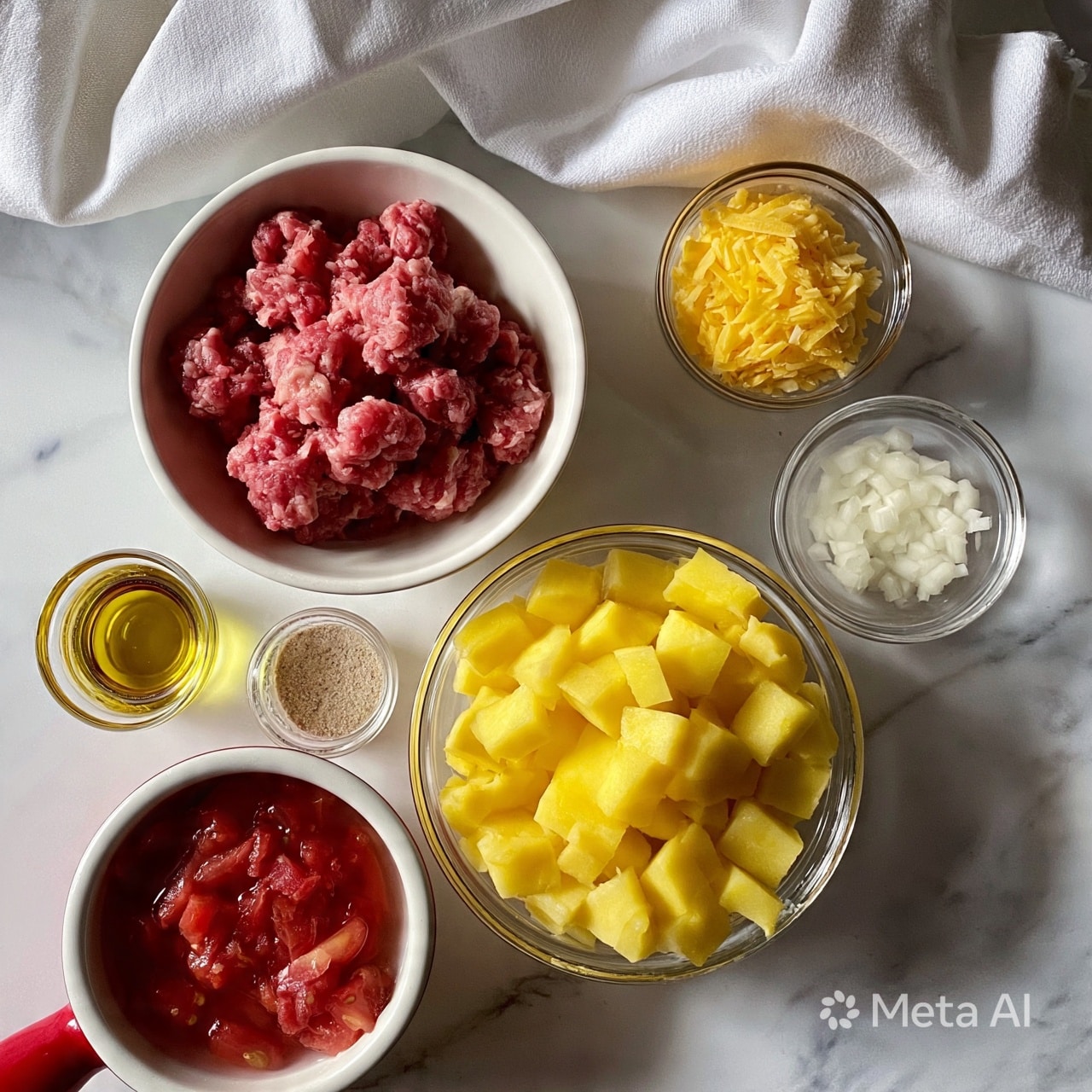 square image The image shows six bowls and a small cup arranged on a white marbled surface. In the center-left, a white bowl holds pinkish-red ground meat with a coarse texture. To the right, two small clear glass bowls contain shredded yellow cheese on top and small diced white onions below. At the bottom center, a larger clear glass bowl is filled with bright yellow chopped potatoes. On the far left, a tiny clear cup contains golden olive oil, and next to it is a small glass bowl with light brown seasoning powder. At the bottom left, a white bowl with a red handle is filled with diced red tomatoes soaking in liquid. A white cloth rests at the top edge of the scene. Photo taken with an iphone --ar 4:5 --v 7
