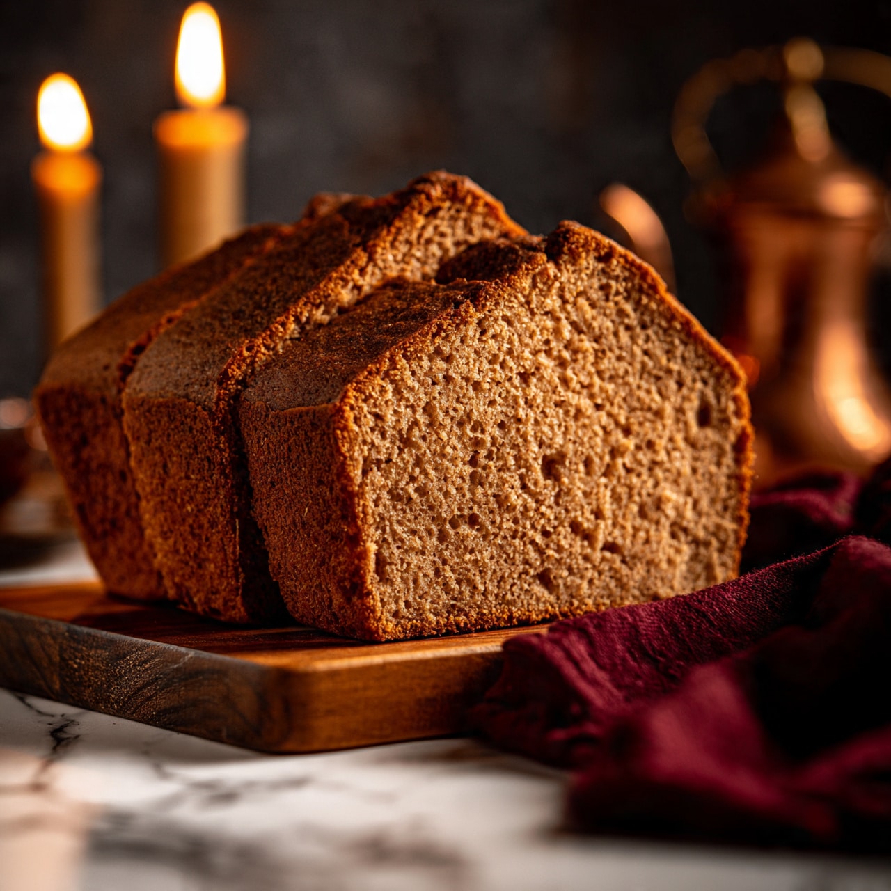 square image Three thick slices of brown bread with a textured crust and soft, porous inside are placed on a wooden board. The bread is in the front and fills most of the image, with a tall lit candle and a copper teapot blurred softly in the dark background. A deep red cloth is lightly gathered near the bottom right corner on a white marbled surface. The scene has warm light and cozy atmosphere photo taken with an iphone --ar 4:5 --v 7