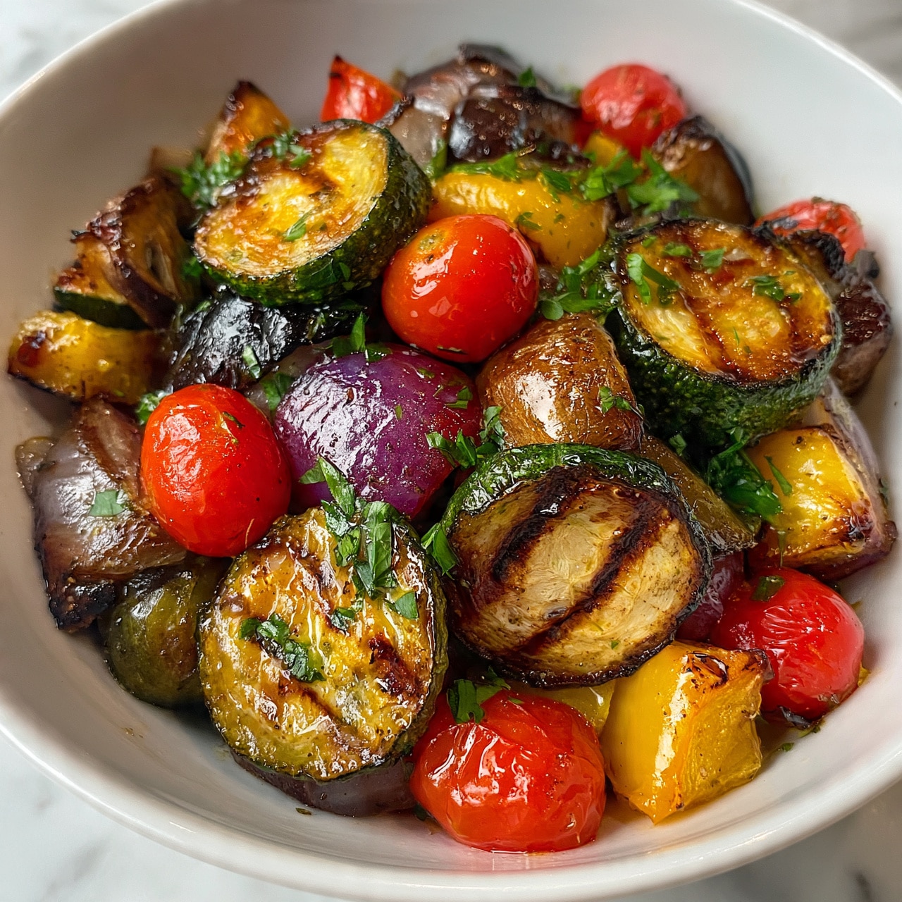square image The dish shows a white bowl filled with several layers of roasted vegetables, including cherry tomatoes, thick round slices of zucchini with grill marks, red onion pieces, mushrooms, and yellow pepper chunks. The vegetables have a shiny, slightly oily texture with a mix of golden-brown and vibrant colorful tones like red, green, purple, brown, and yellow. Fresh green parsley pieces are scattered on top for decoration. The bowl sits on a white marbled surface. photo taken with an iphone --ar 4:5 --v 7