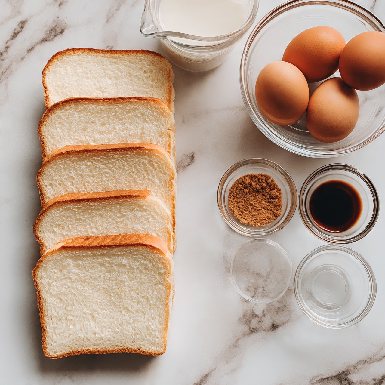 square image The image shows six slices of white bread arranged in two rows on a white marbled surface. To the right of the bread, there is a glass bowl with three raw eggs and three small glass bowls with different ingredients: one has a brown powder, another has a dark liquid, and the last one is empty. In the center, there is a clear measuring cup with milk. The overall scene is bright and clean. photo taken with an iphone --ar 4:5 --v 7