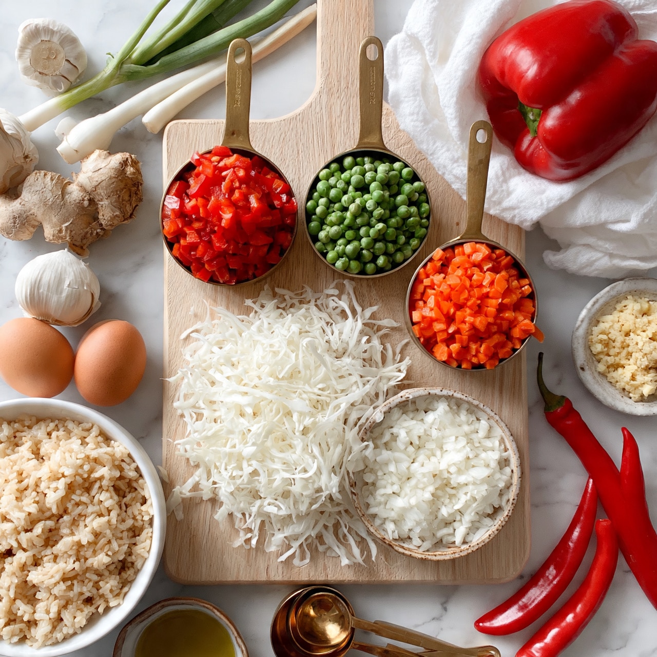 square image A top-down view of various fresh and chopped ingredients arranged on a light wooden cutting board and white marbled surface. On the board are three brass measuring cups filled with diced red bell pepper, green peas, and small chopped orange carrots, placed from top center to bottom right. Below the cups is a pile of thin white shredded cabbage, next to a round small bowl of finely chopped white onions. To the left, a white bowl holds cooked brown rice, and nearby are two brown eggs. Surrounding the board are whole garlic bulbs, a piece of ginger root, several green onions with white bases and green stalks, a large whole red bell pepper atop a white cloth, three red chili peppers, a small bowl of olive oil, a small bowl of chopped ginger, and brass measuring spoons. The scene is bright and clean, featuring natural food colors and textures. Photo taken with an iphone --ar 4:5 --v 7