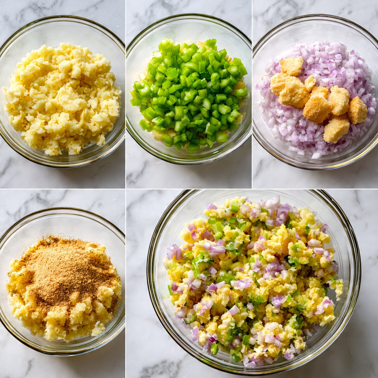 square image The image shows six steps of making a mixed dish in a clear glass bowl, all placed on a white marbled surface. In step 1, the bowl contains a base layer of crumbled pale yellow mashed potatoes. In step 2, a layer of chopped bright green celery is added on top. Step 3 adds a layer of finely diced light purple onions over the celery. Step 4 places several pieces of light golden bread crumbs on top of the onions. Step 5 shows a dusting of light brown spices sprinkled evenly over the bread crumbs. Finally, step 6 shows the ingredients mixed together into a chunky, uneven mixture with colors of pale yellow, light purple, green, and golden brown evenly spread throughout the bowl. photo taken with an iphone --ar 4:5 --v 7